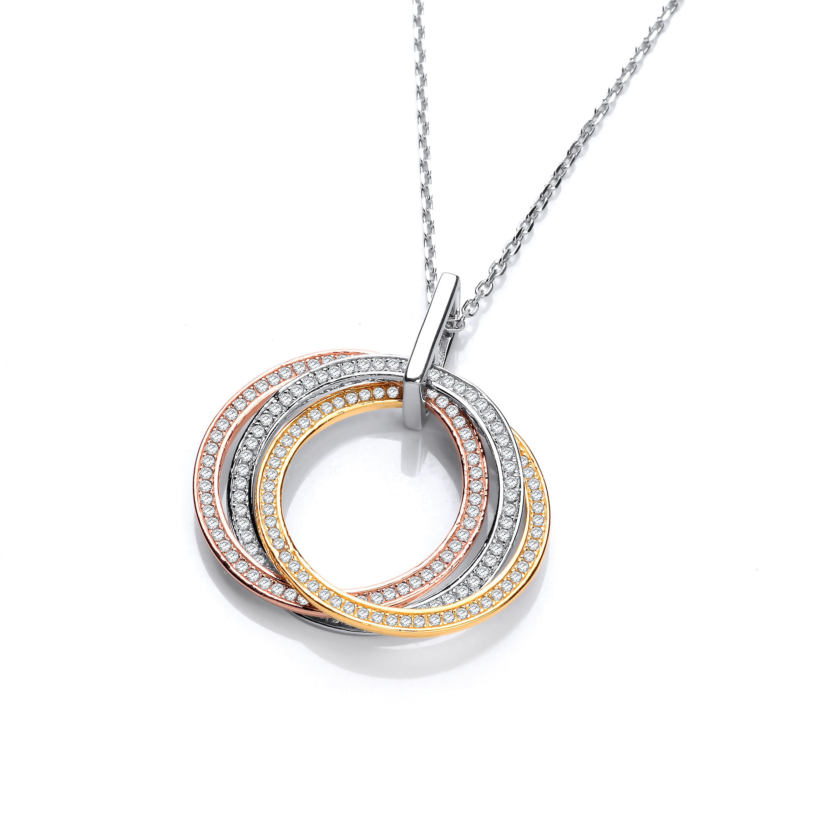 Silver Yellow and Rose Gold Plated Cz Pendant with 18 Inch Chain