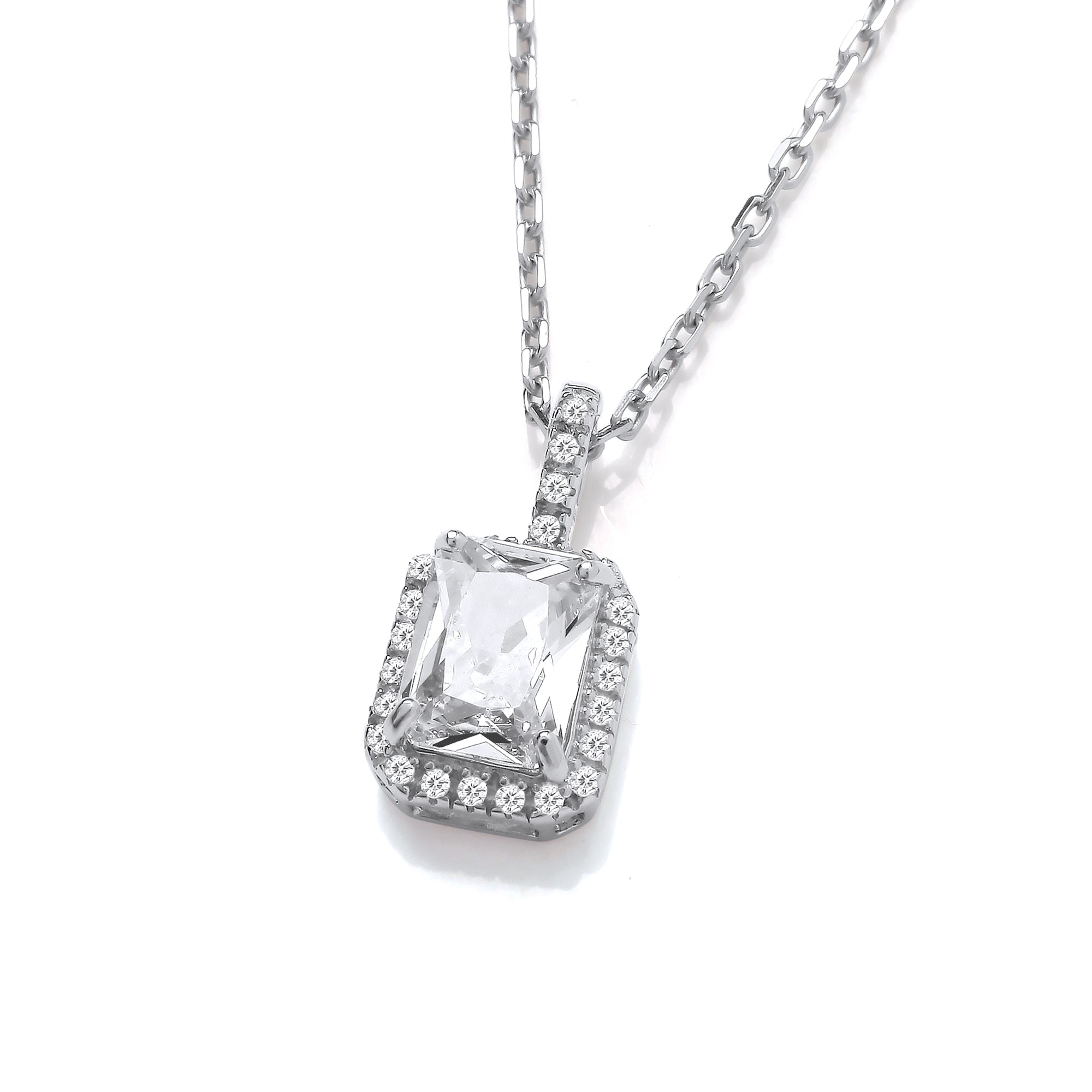 Emerald Cut CZ Halo CZ Bail Silver Pendant with Chain