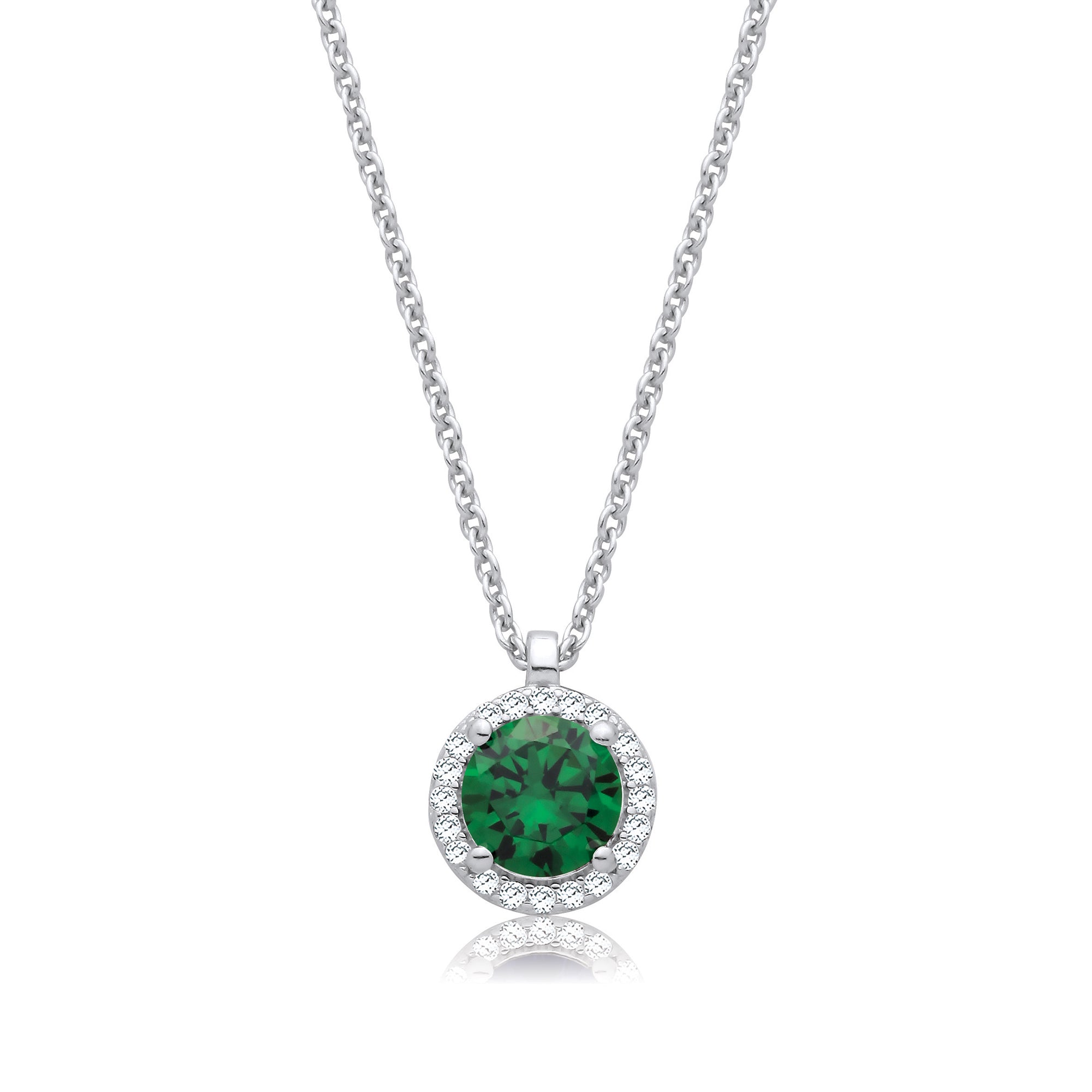 Emerald Green and Clear CZs Halo Pendant with Chain