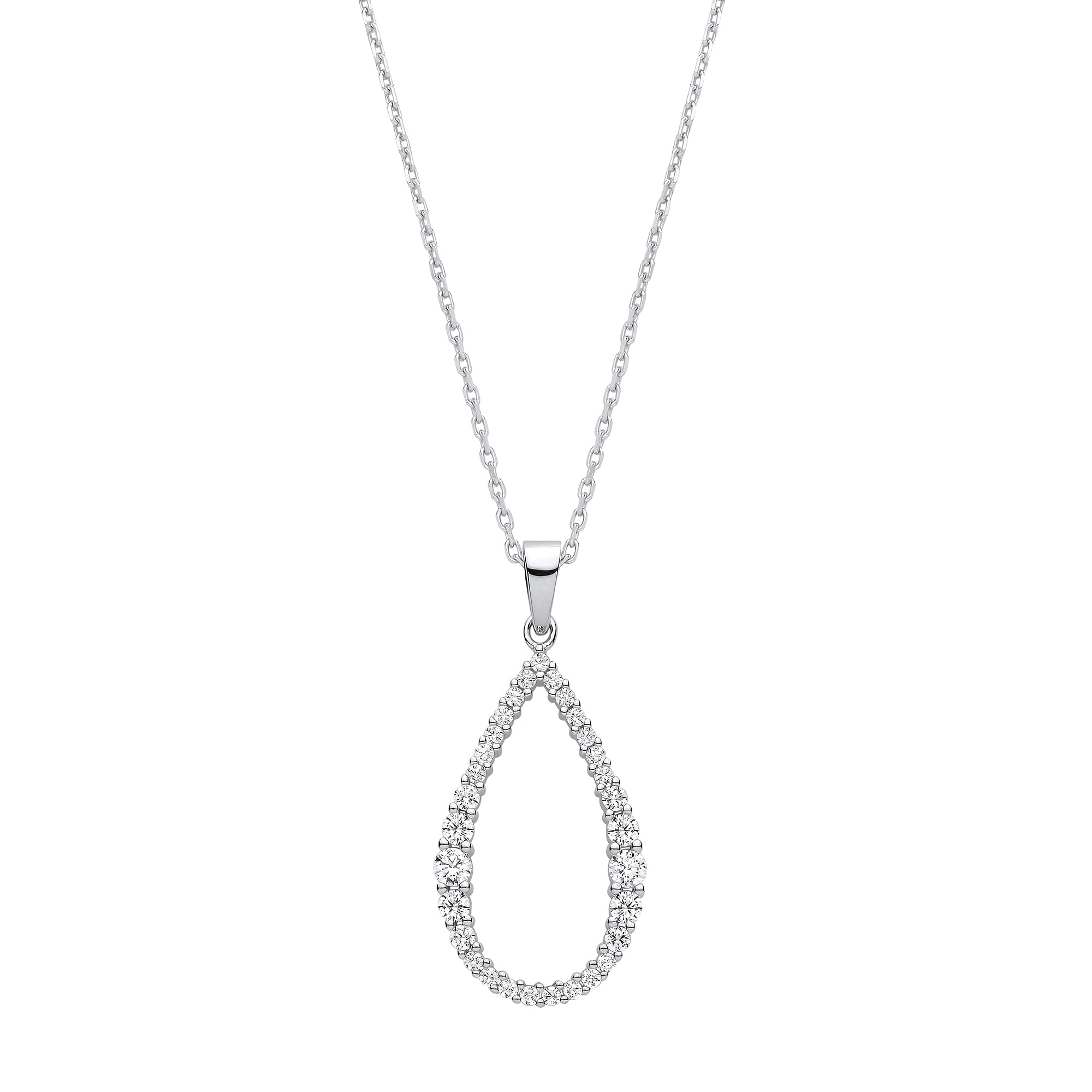Silver Teardrop CZ Long Pendant on 16-18 Inch Chain