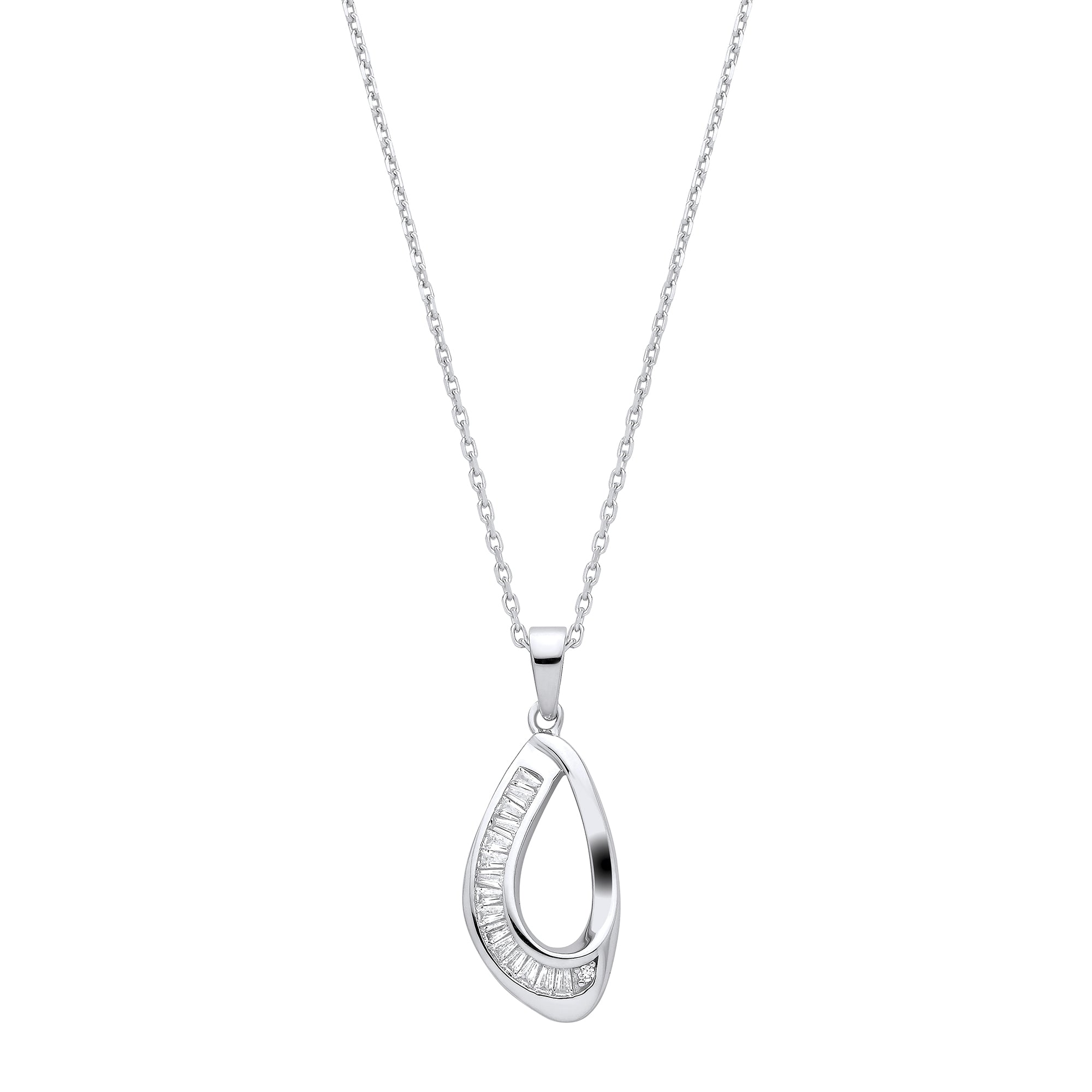Silver Baguette CZs Open Teardrop Pendant with Chain