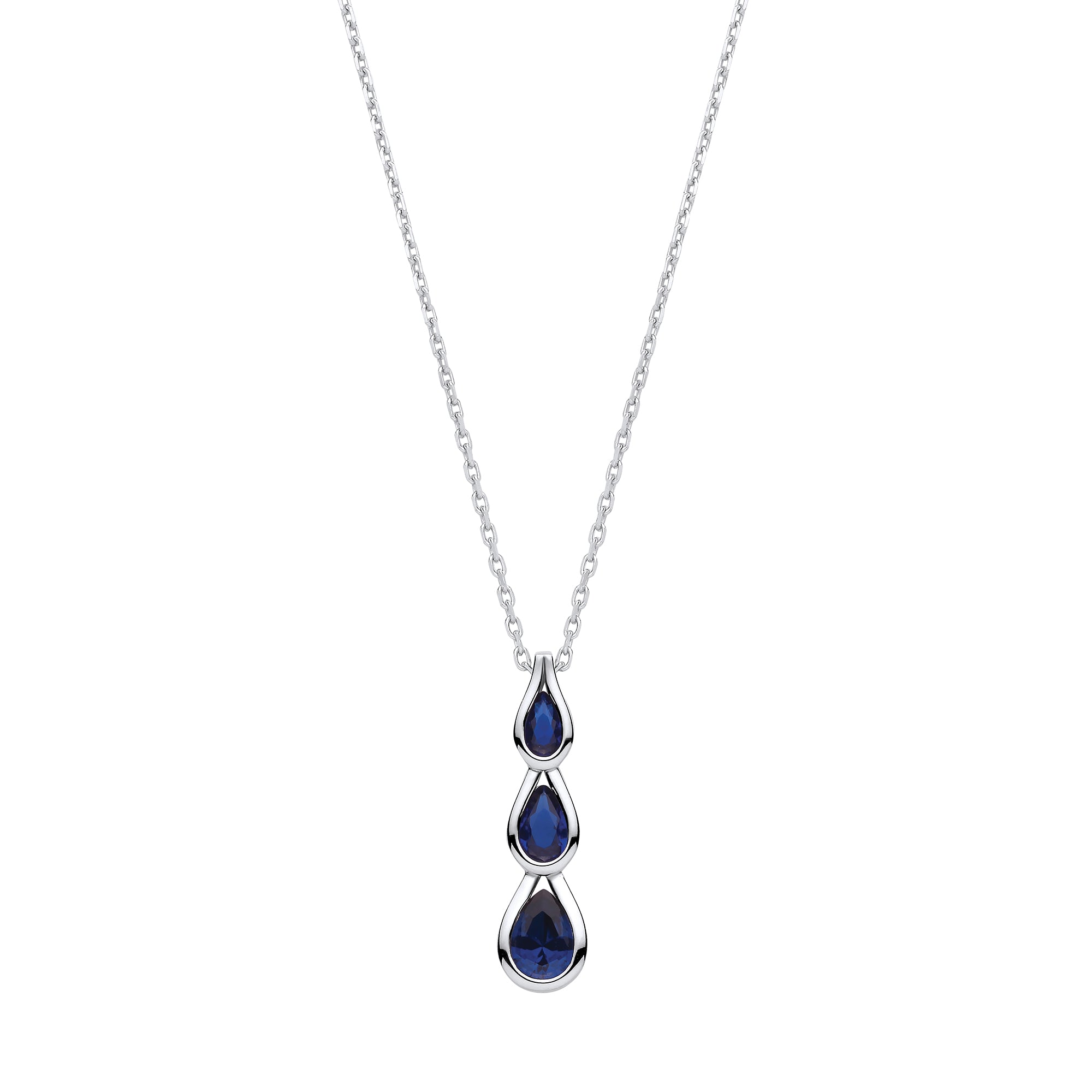 Blue Pear Shaped CZs Silver Pendant with Chain