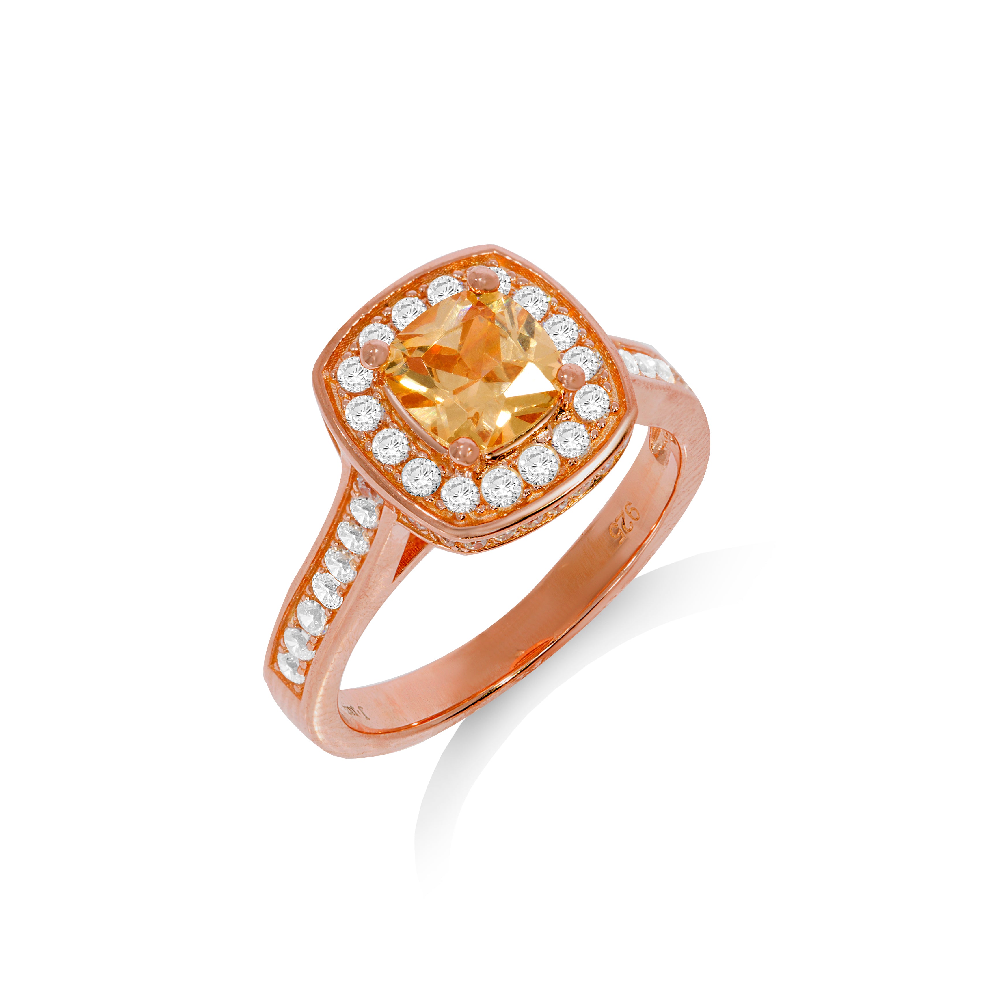 Micro Pave Rose Coated Champagne Centre Silver Cz Ring
