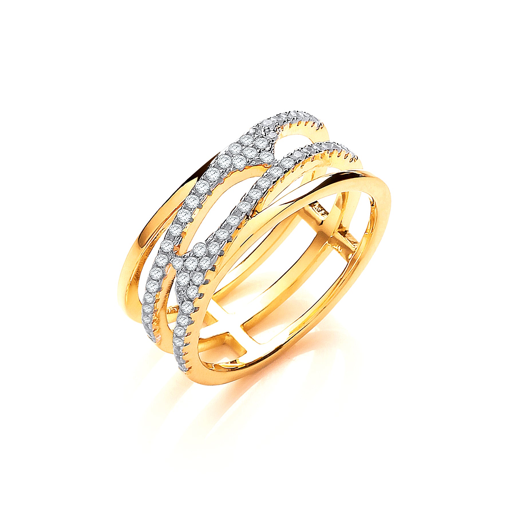 Yellow Gold Coated Silver Three Row Micro Pave Cz Ring