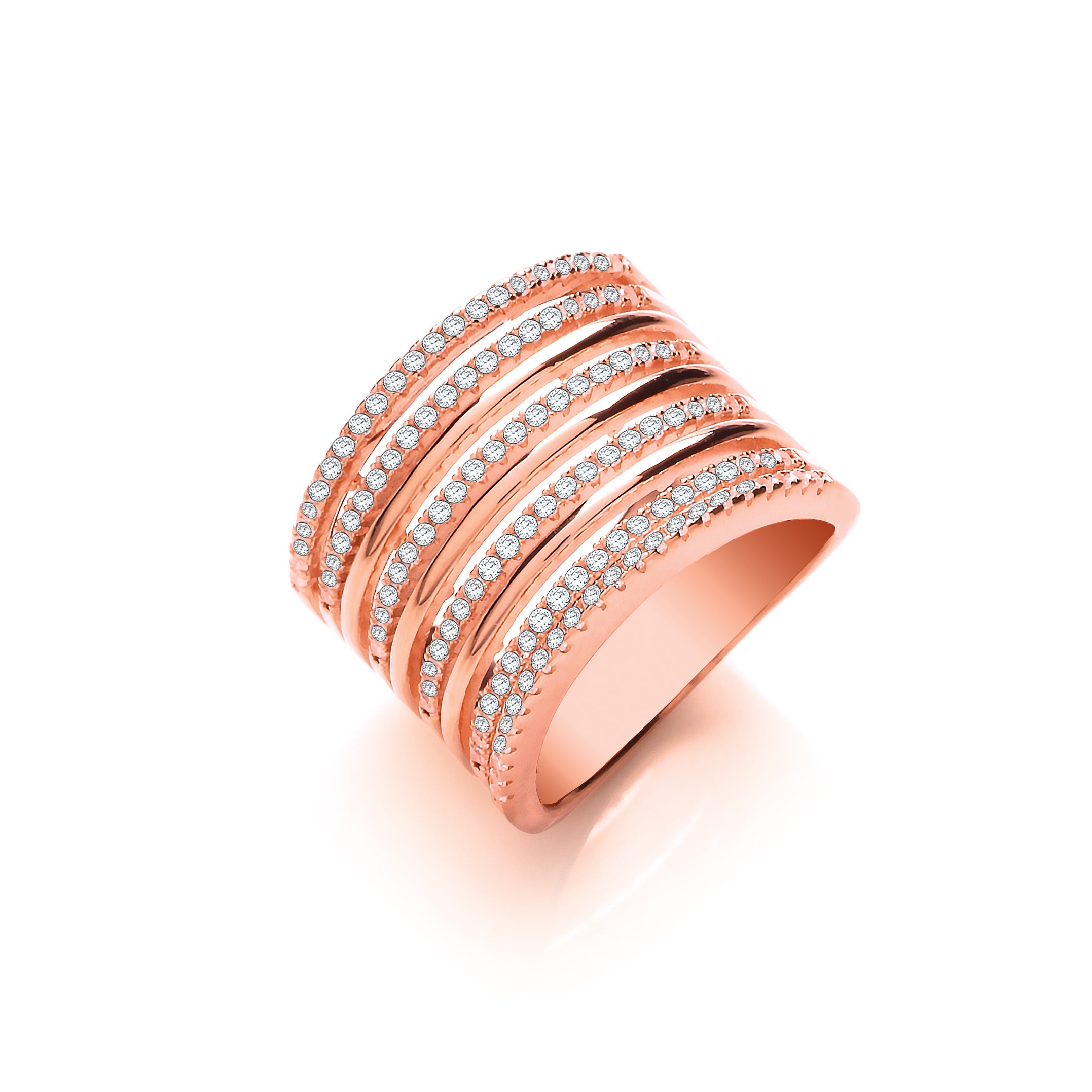 Micro Pave 9 Rows Rose Coated Silver Ladies Ring