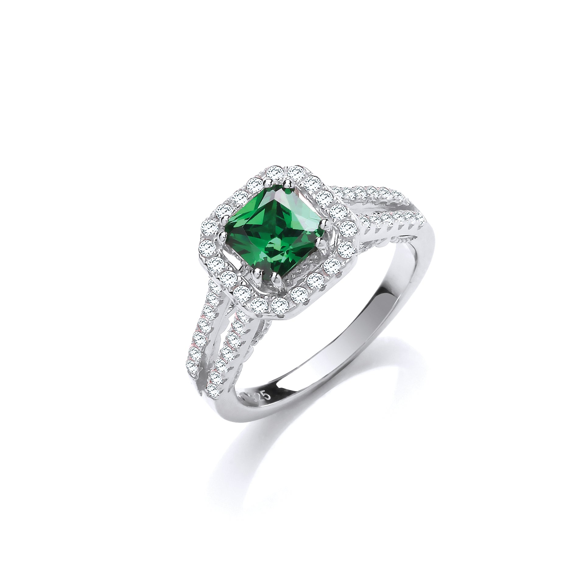 Green pc Cz High Setting Split Shank Fancy Silver Ring