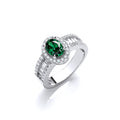 Oval Green CZ with Baguette and Round CZs on Shoulder Silver Ring