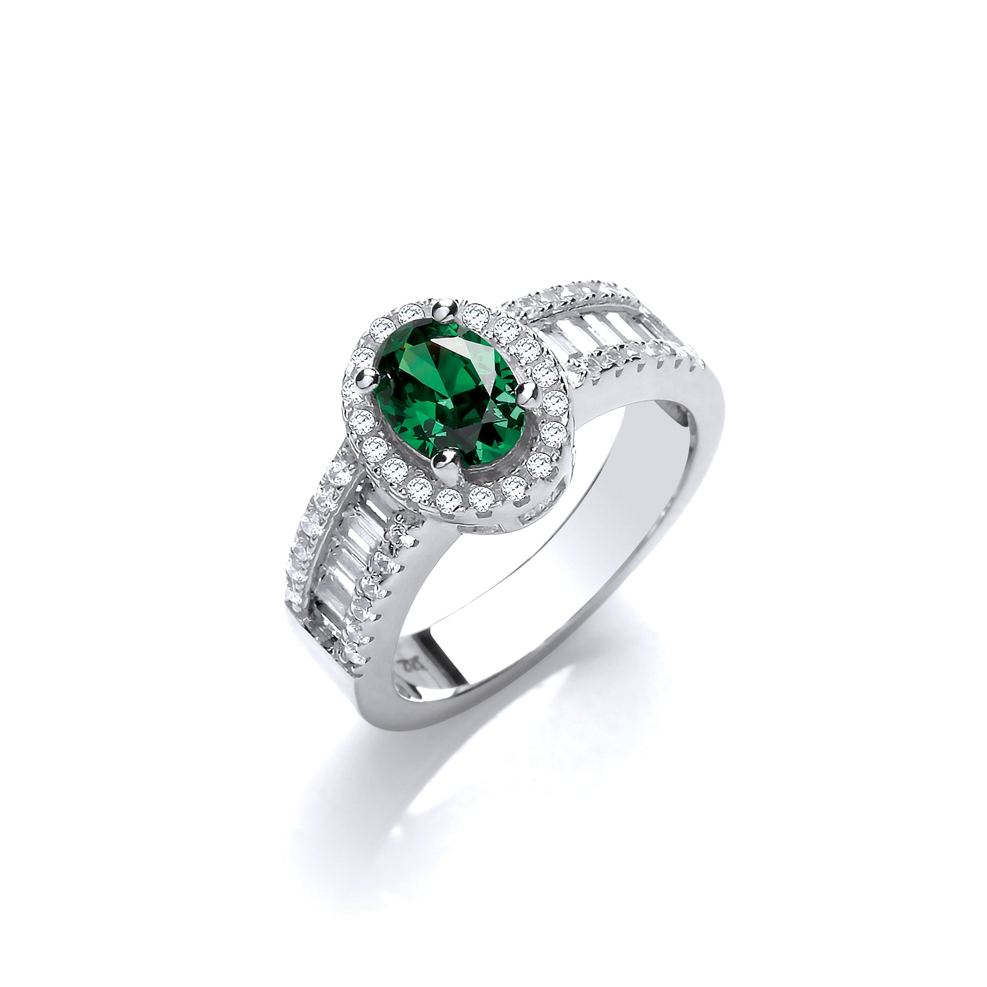 Oval Green CZ with Baguette and Round CZs on Shoulder Silver Ring