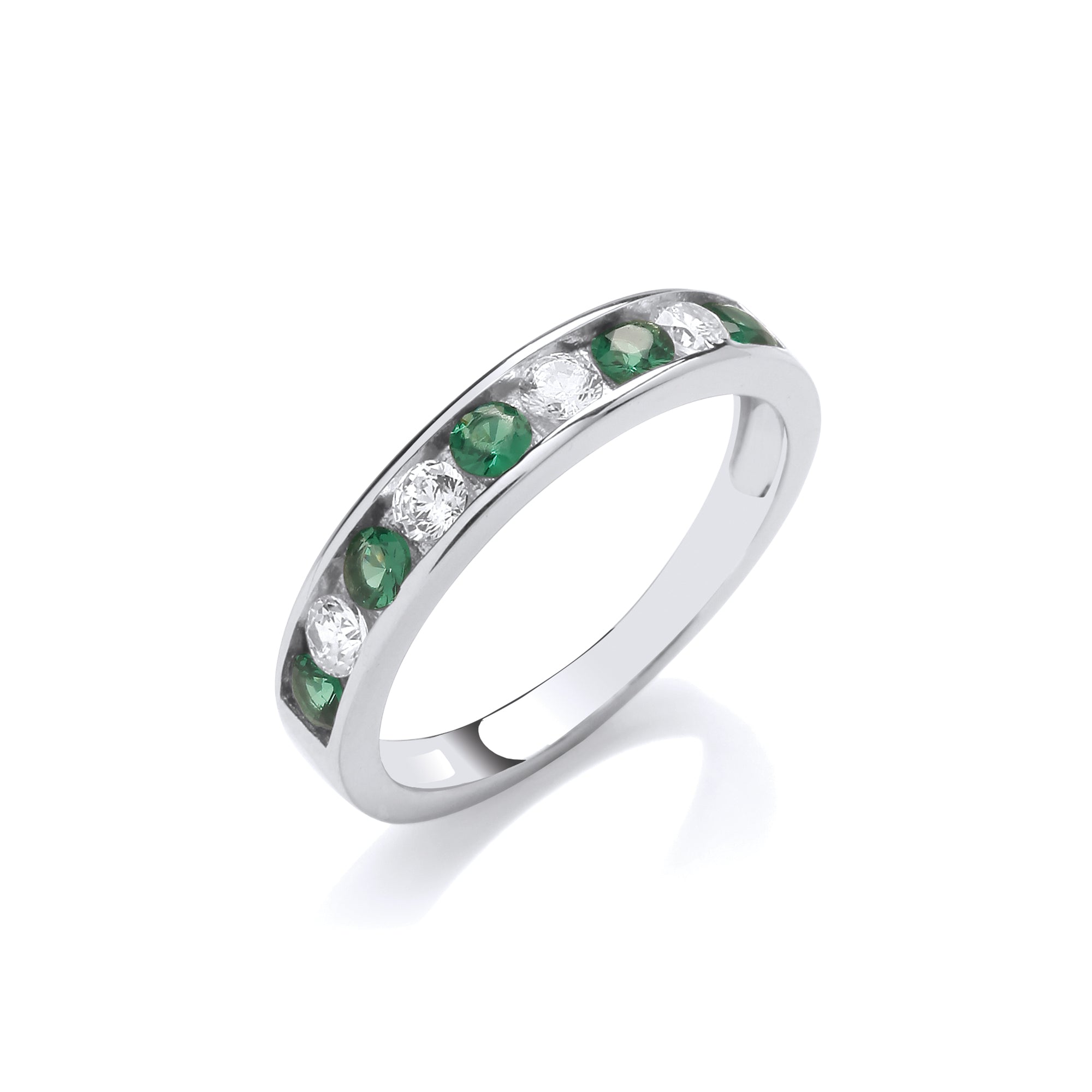 Emerald Green and Clear CZ Half ET Silver Ring