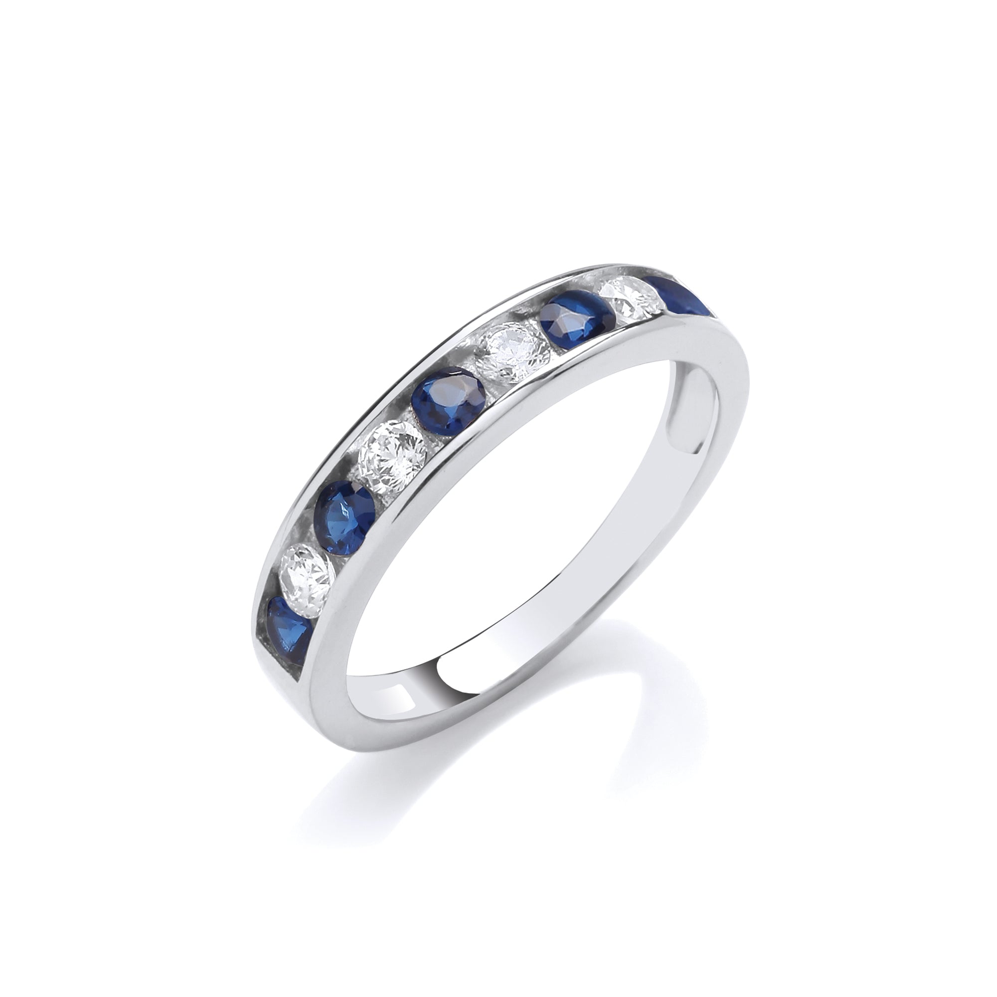 Sapphire Blue and Clear CZ Half ET Silver Ring