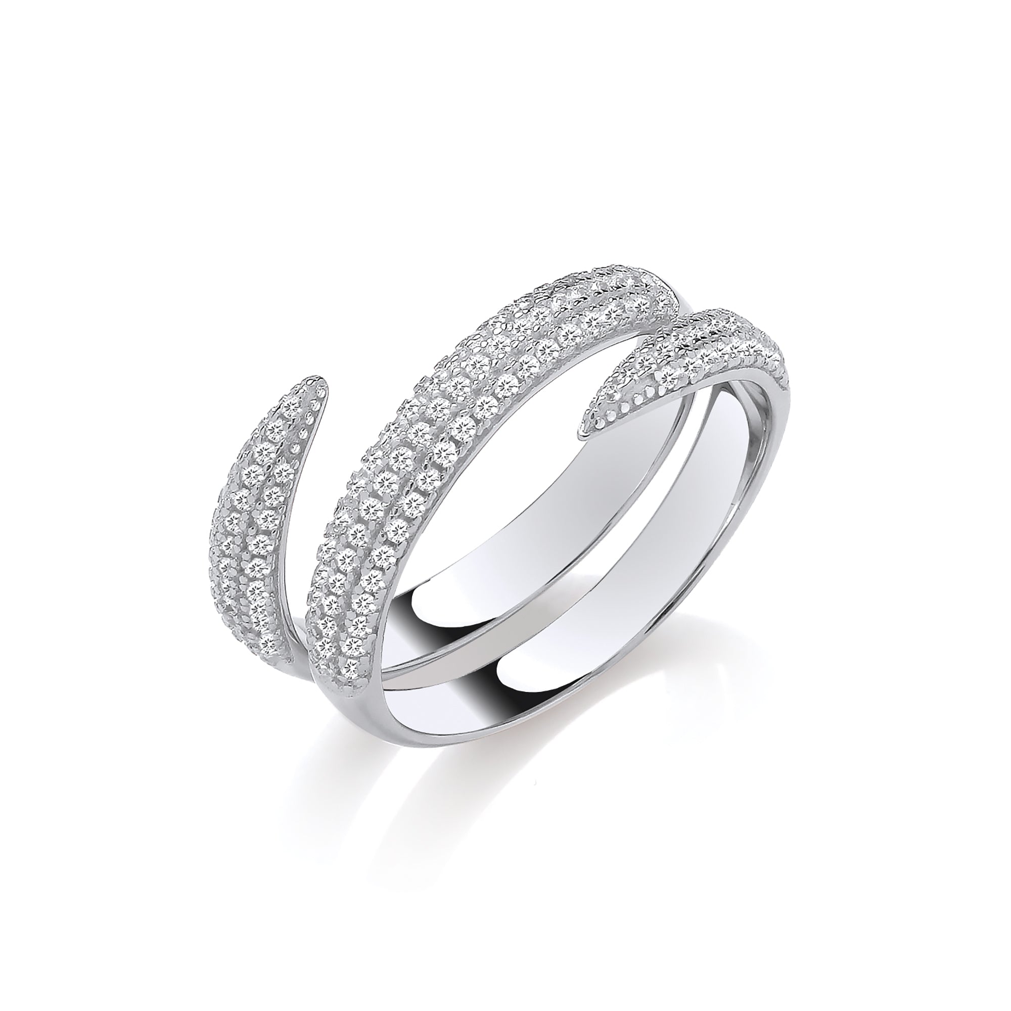Cross Over Two Bands CZs Silver Ring