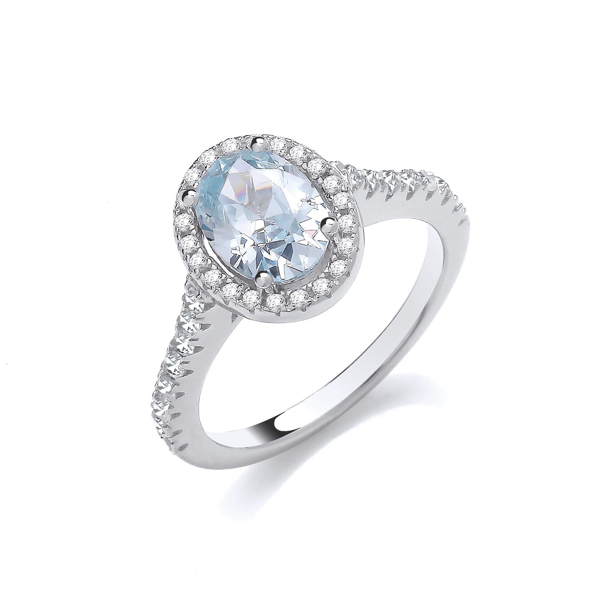Oval Aquamarine CZ Halo Ladies Silver Ring