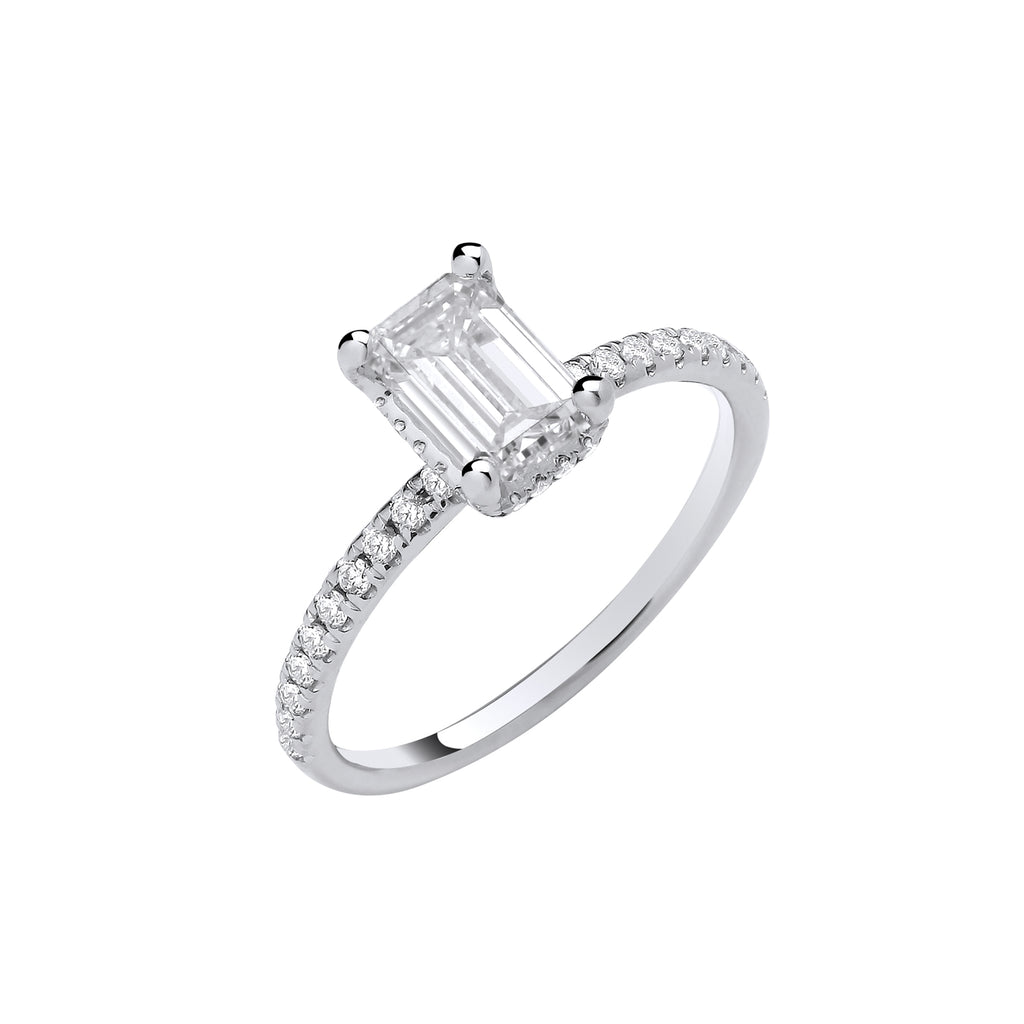 18ct White Gold 1.23ctw Emerald Cut LAB GROWN Hidden Halo Diamond Ring IGI Certified