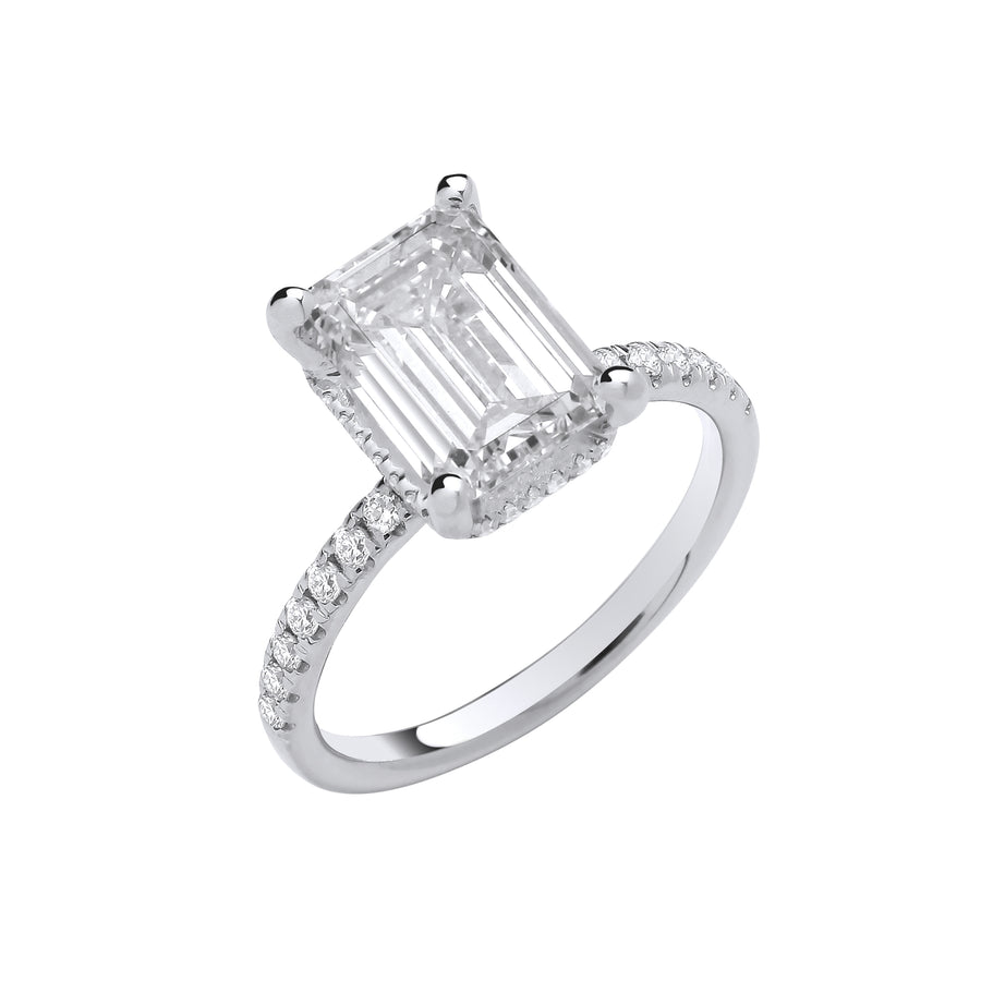 18ct White Gold 3.30ctw Emerald Cut LAB GROWN Hidden Halo Diamond Ring IGI Certified