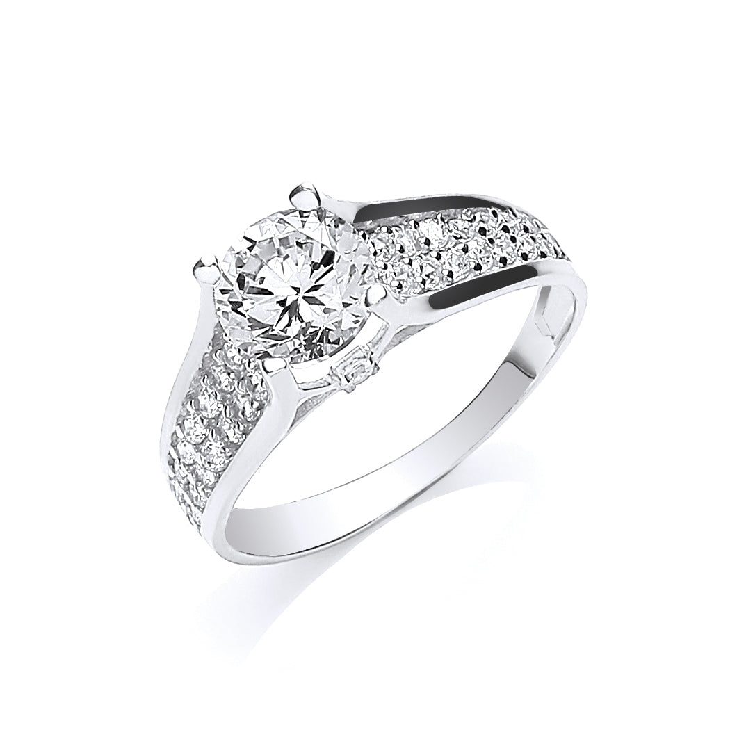 W/G Ladies Single Stone Two Row Cz Shoulder Ring