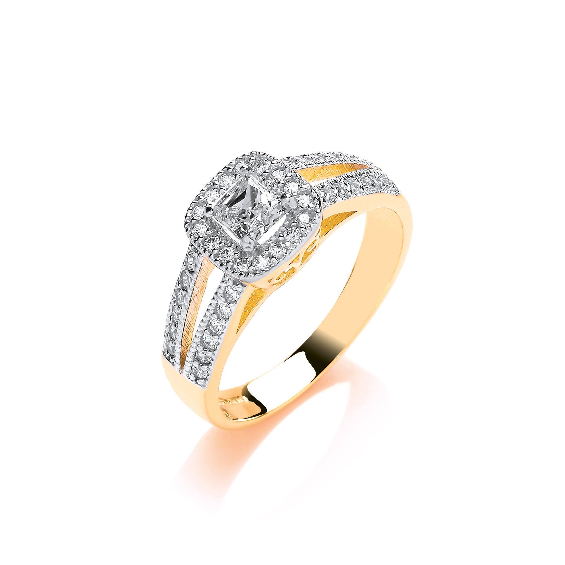 Y/G Ladies Princess Centre Split Shank Cz Ring