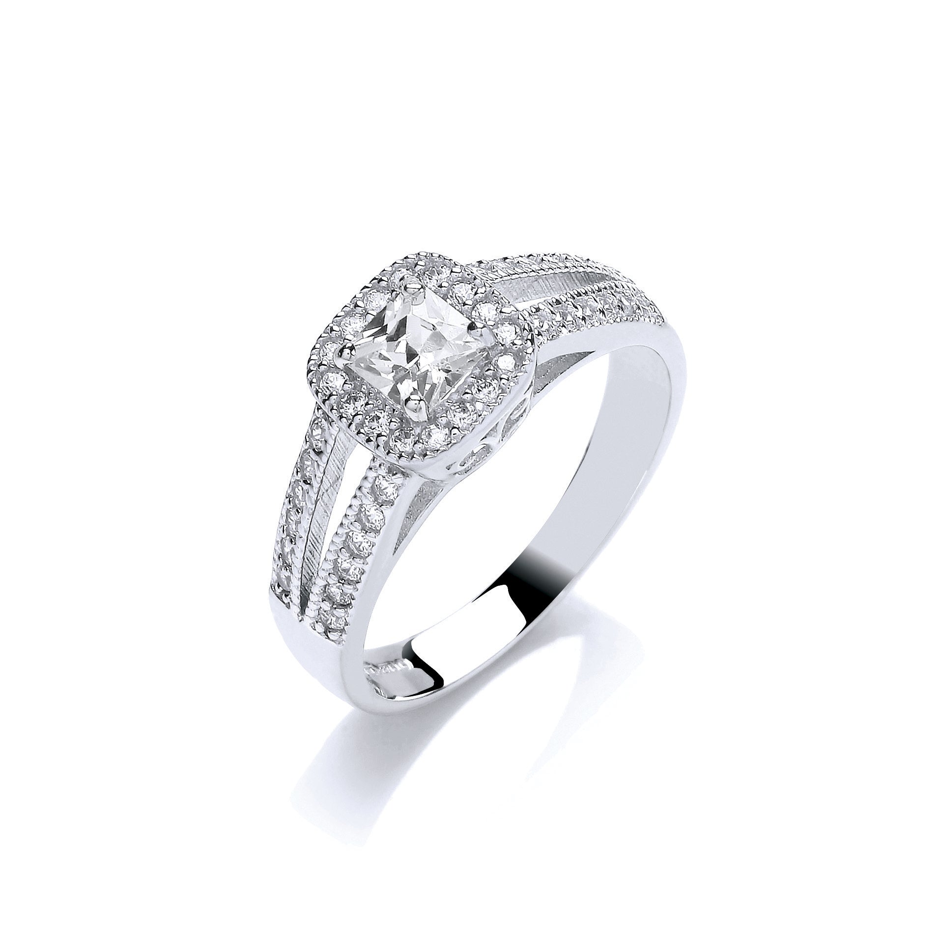 W/G Ladies Princess Centre Split Shank Cz Ring