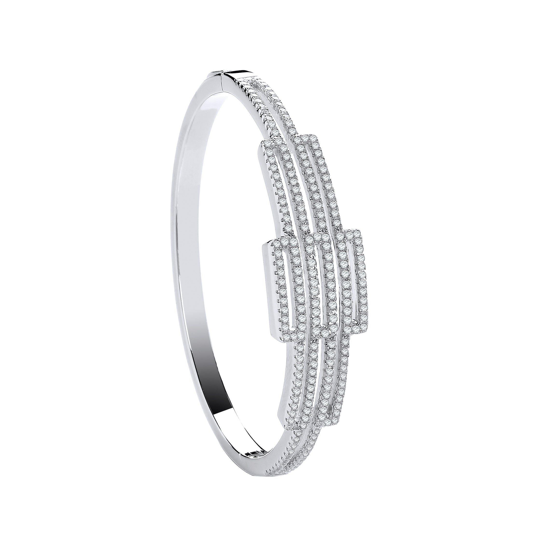 Silver Cz Rectangles Fancy Ladies Hinged Bangle