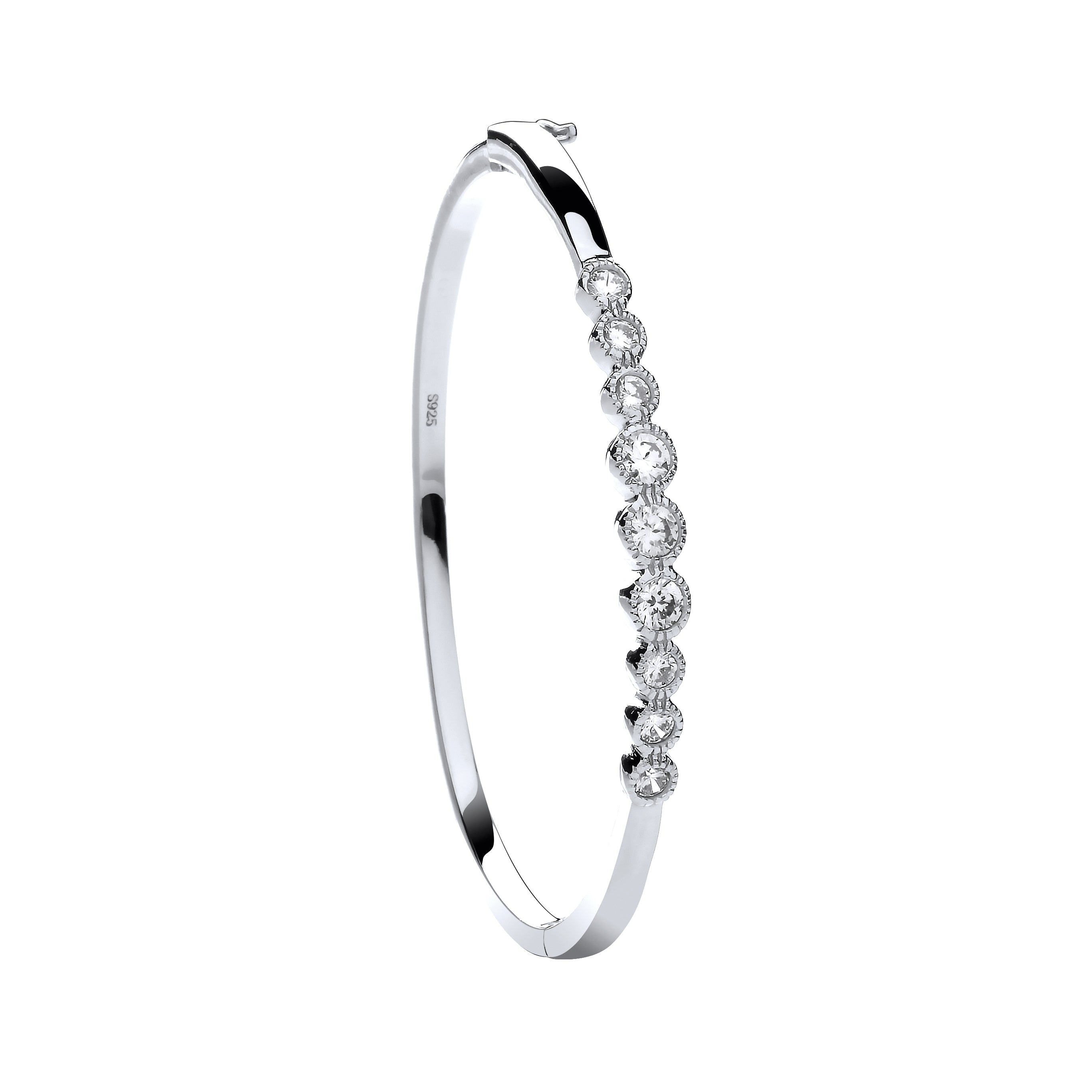 Silver Rubover Cz Ladies Hinged Bangle
