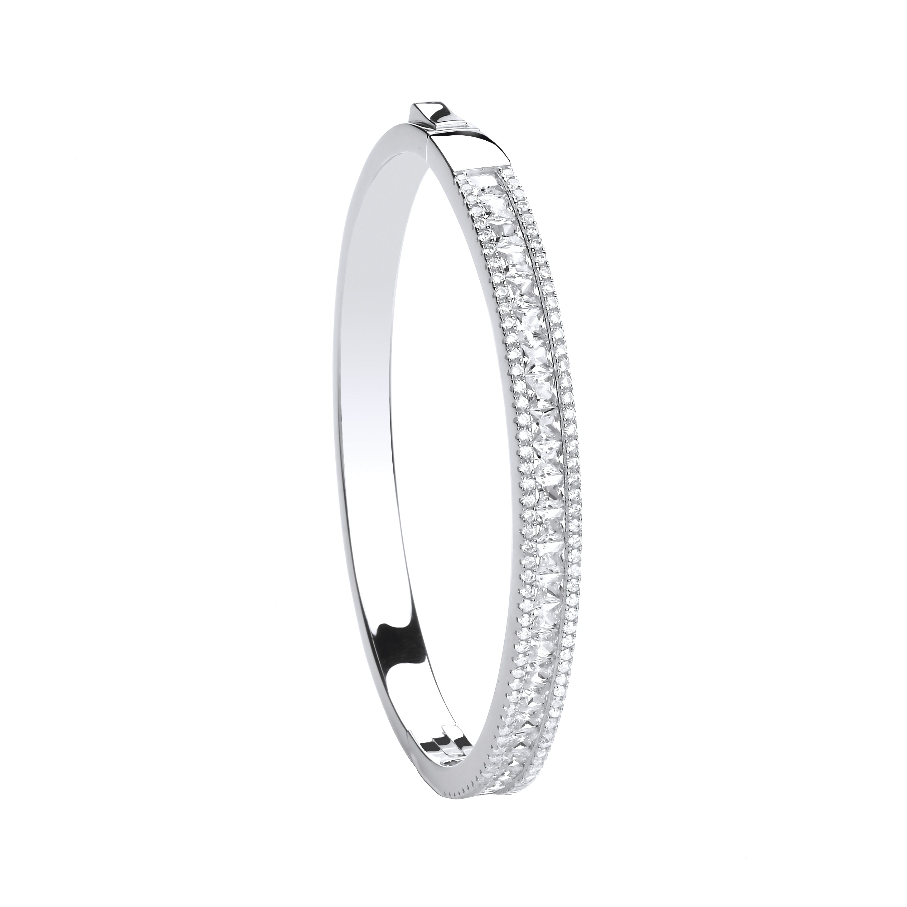 Silver Hinged Princess Cut & Round CZs Bangle