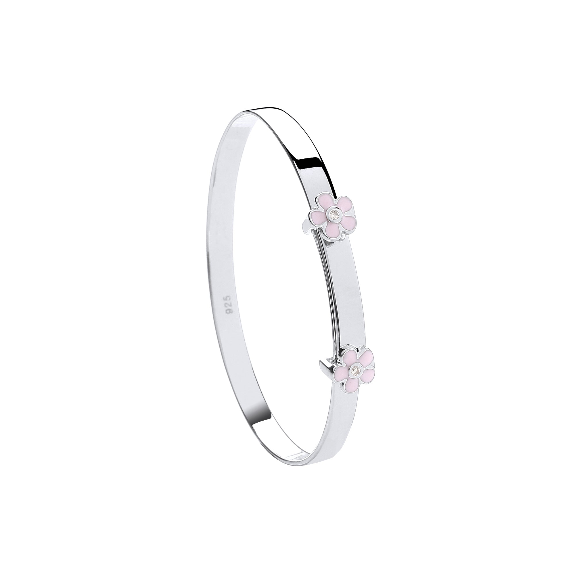 Silver Pink Enamel & CZ Flowers Expandable Baby Bangle