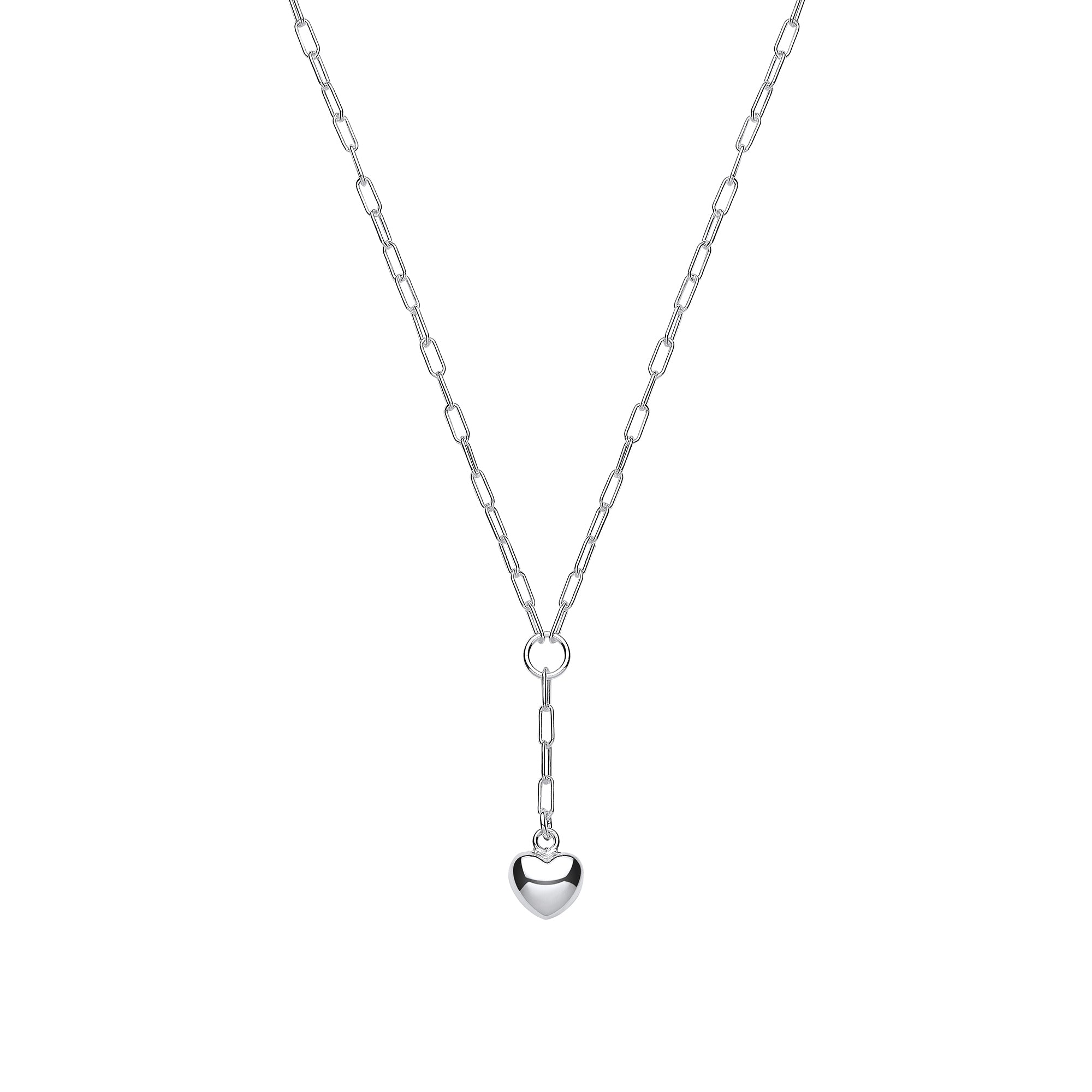 Silver Chain Paper Clip Link with Heart Drop Pendant