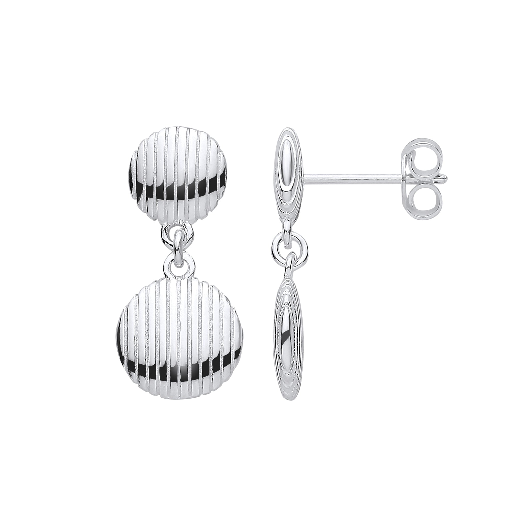 Silver Button Ribbed Drop Earrings