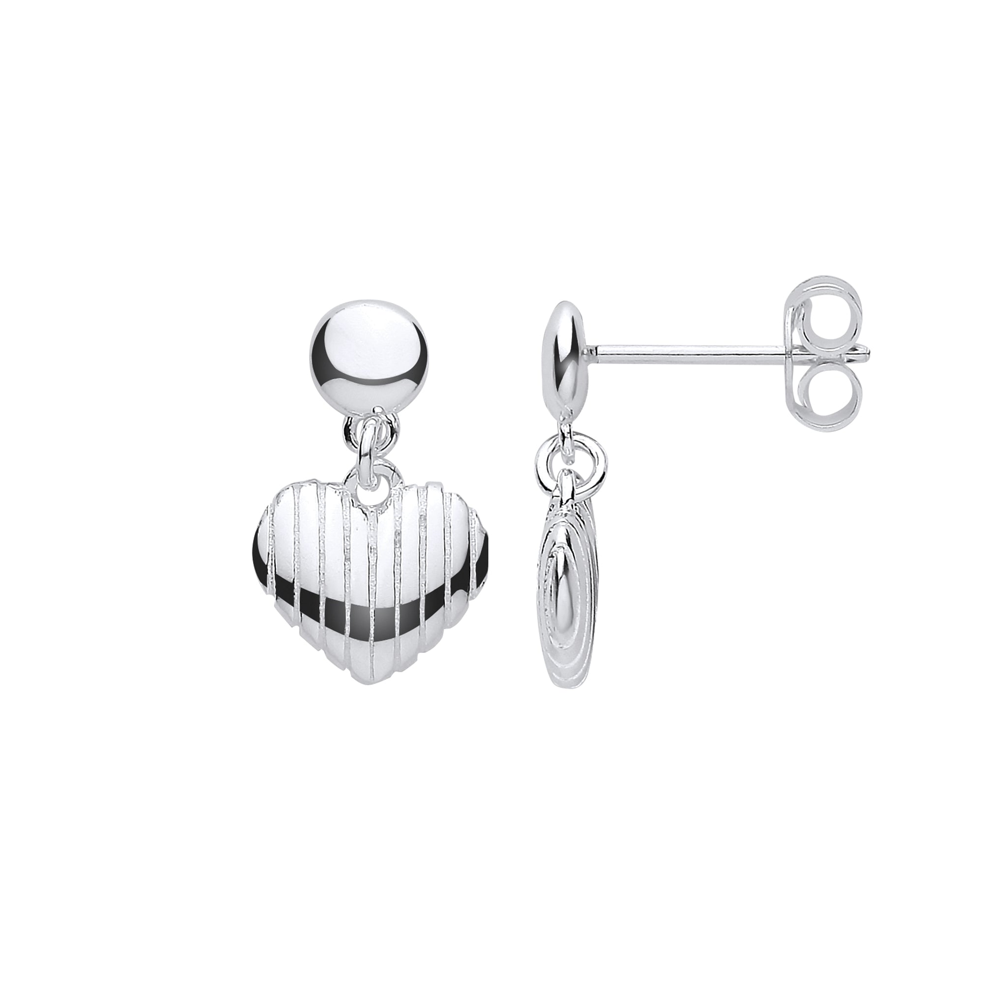 Silver Heart Ribbed Drop Earrings