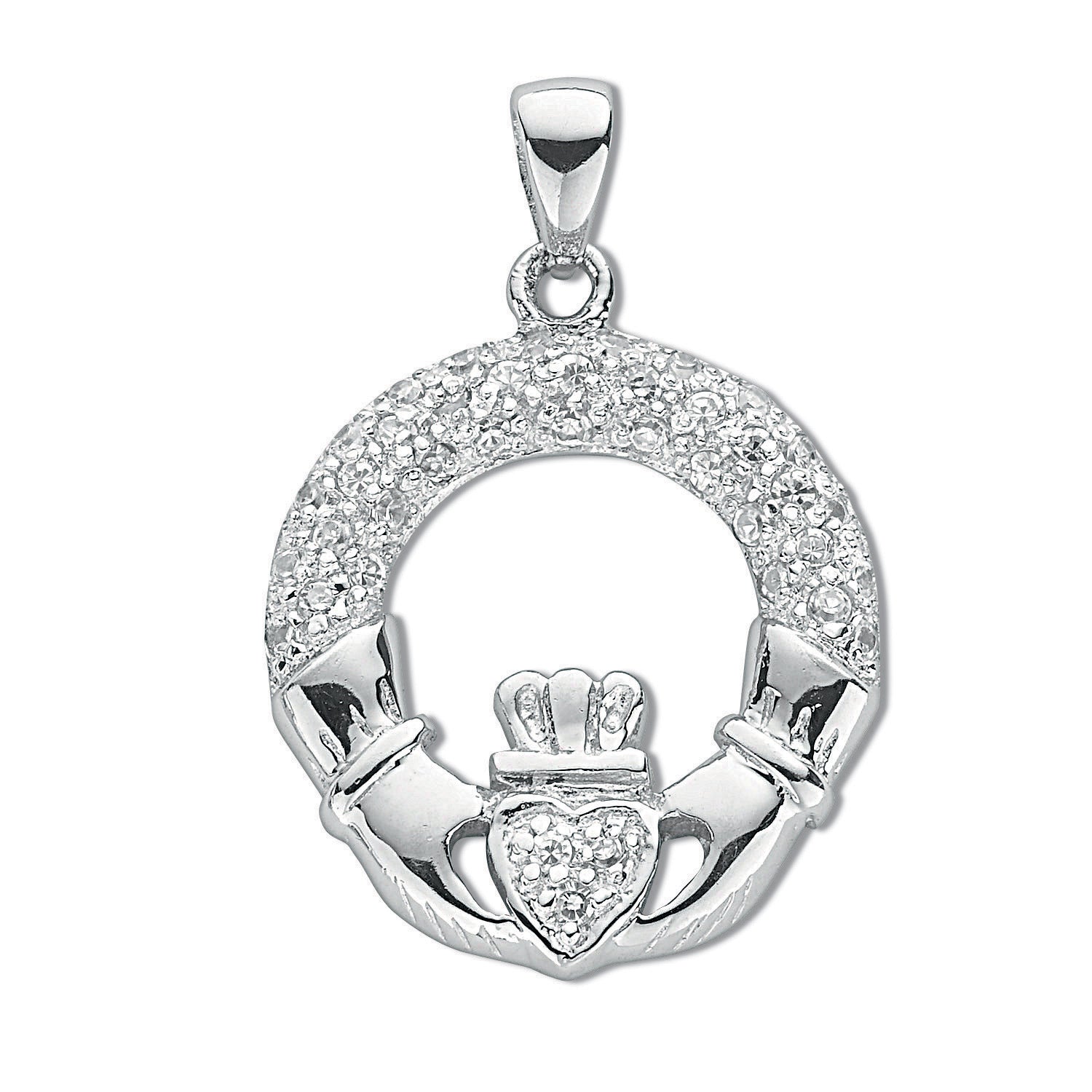 Silver Pave Set Cz Claddagh Drop Pendant