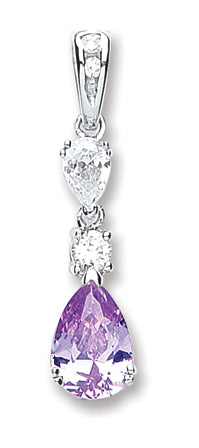 Silver Purple & Clear Pear Shaped Cz Drop Pendant
