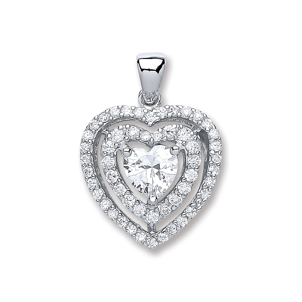 Silver Heart Cz with Two Row of Cz's Pendant