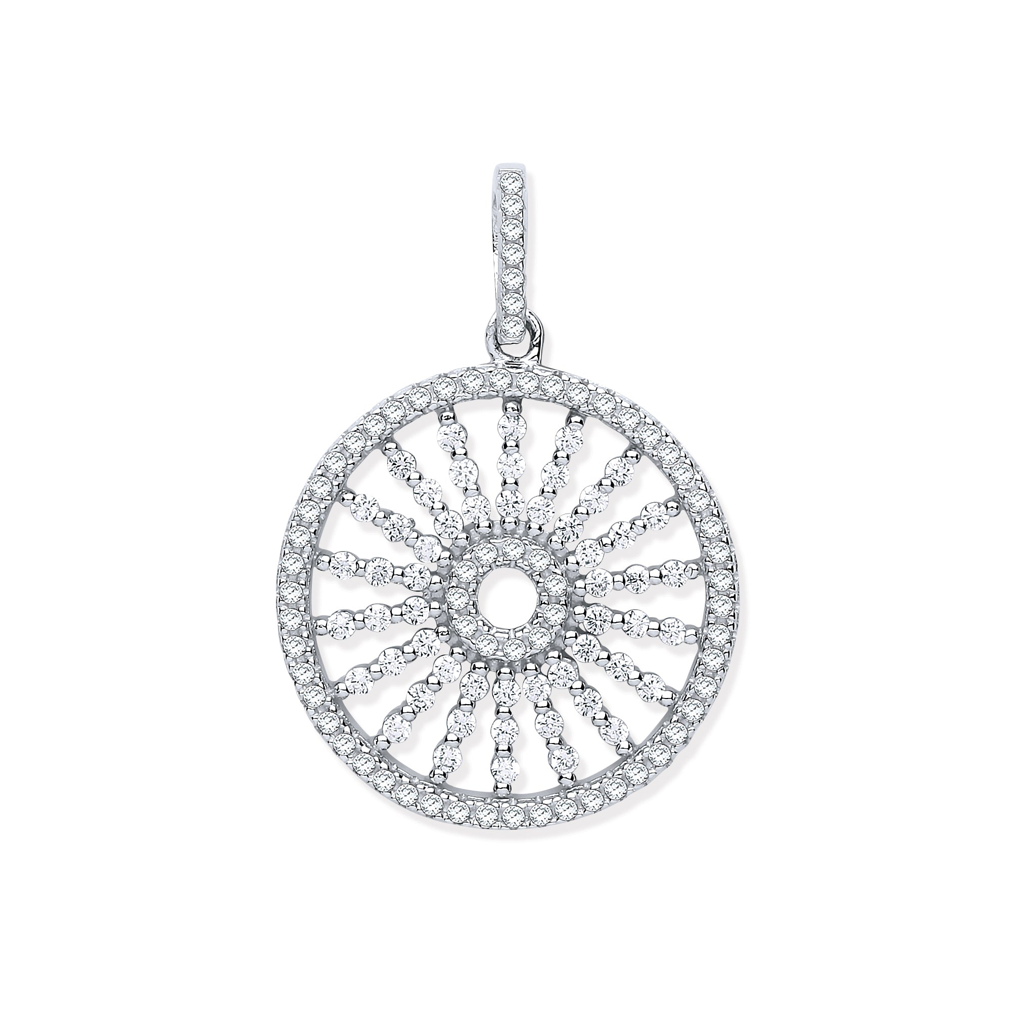 Silver Circle with Burst Lines Cz Pendant