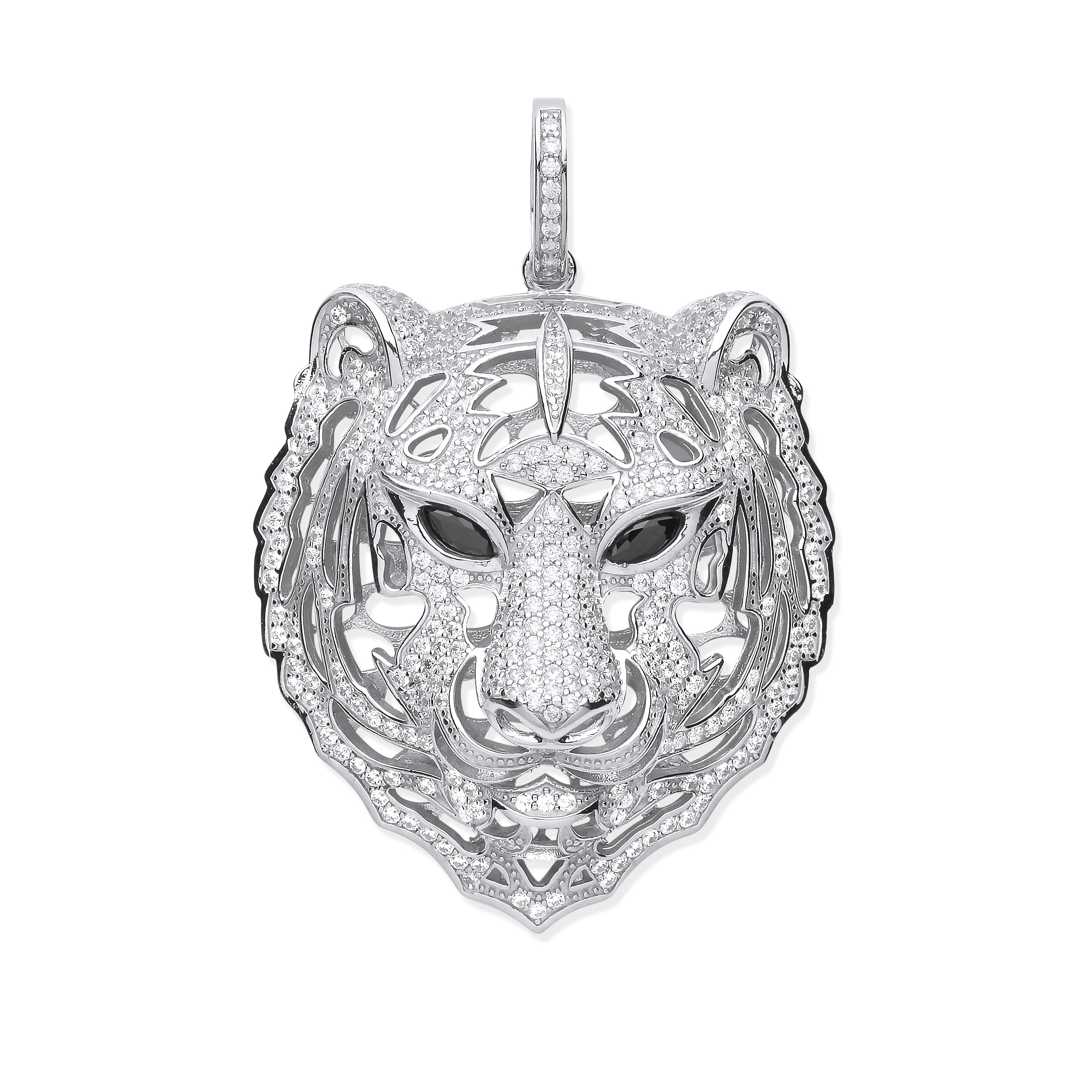 Silver CZ Tiger Head Black CZ Eyes Pendant