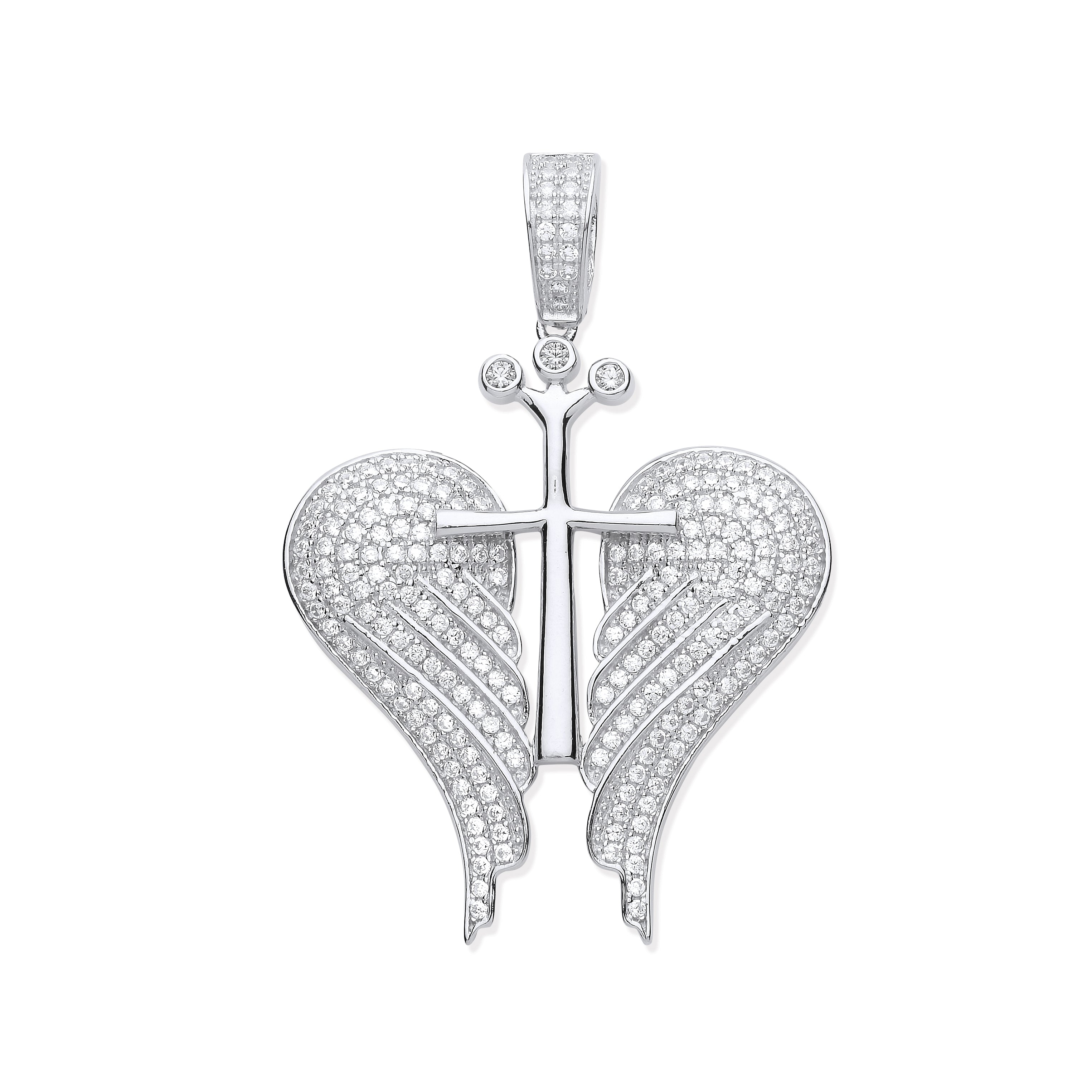 Silver CZ Open Angel Wings with Royal Cross Pendant