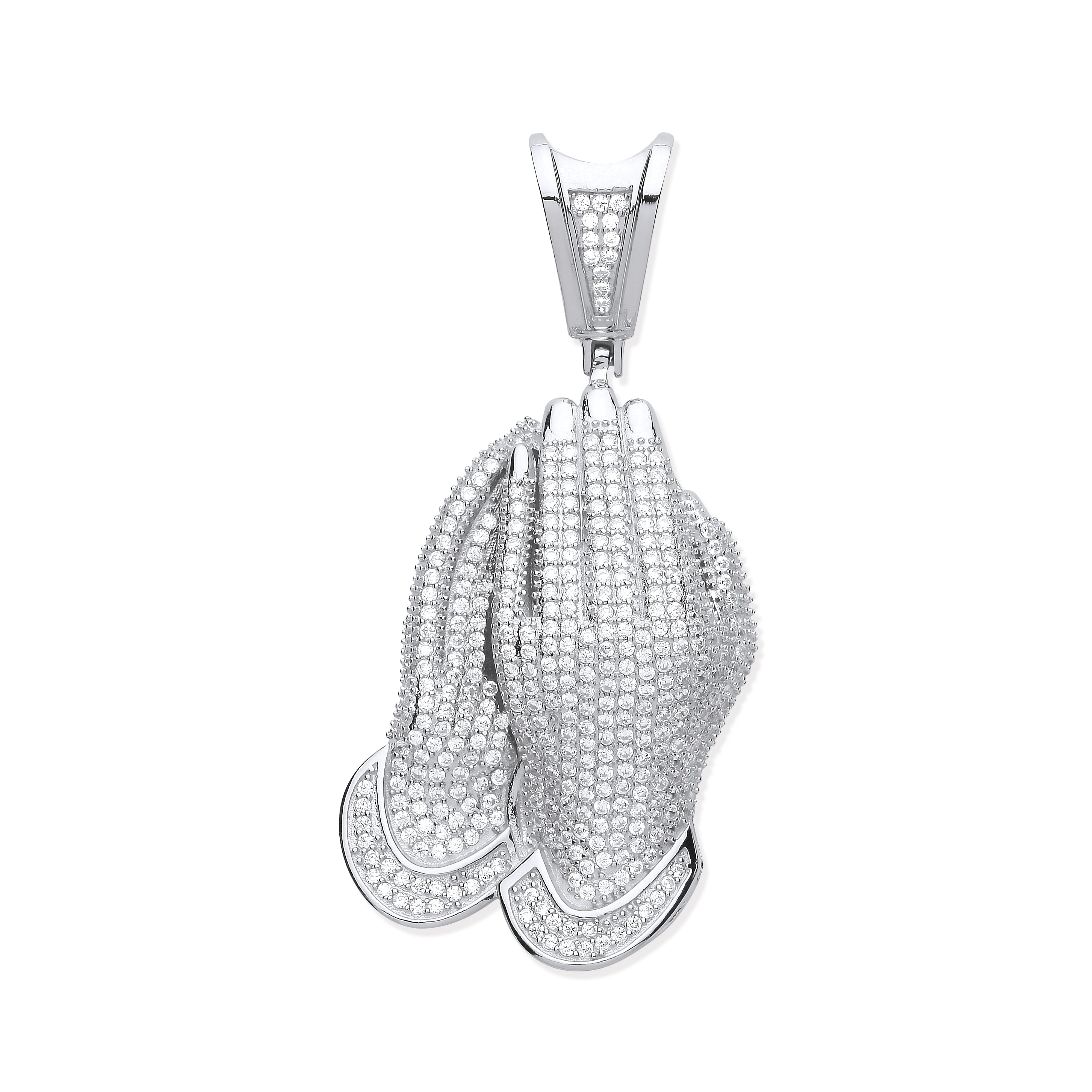 Silver CZ Large Praying Hands Pendant