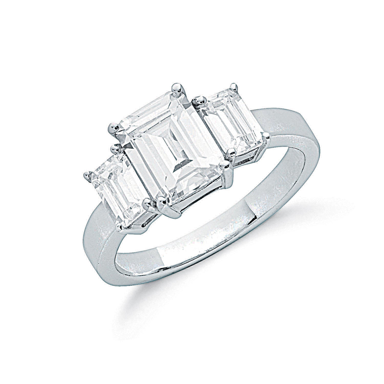 Silver Claw Set Emerald Cut Cz Trilogy Ring