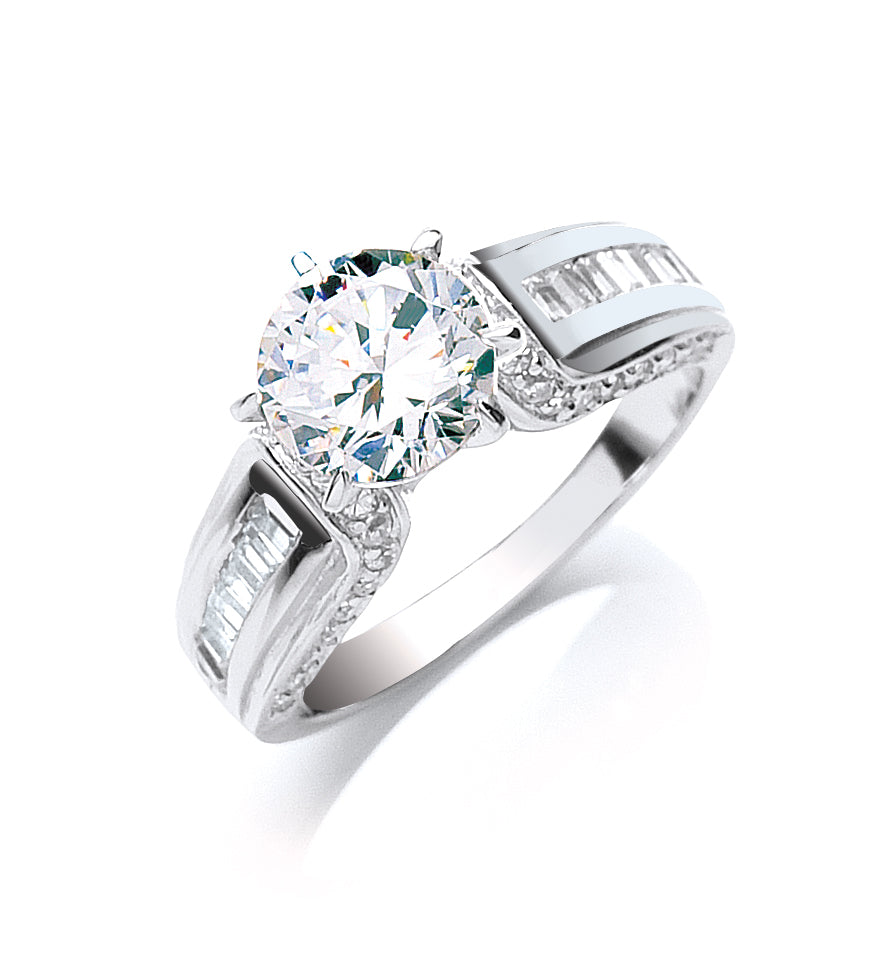 Silver Claw Set Cz Solitaire Baguette SidesRing