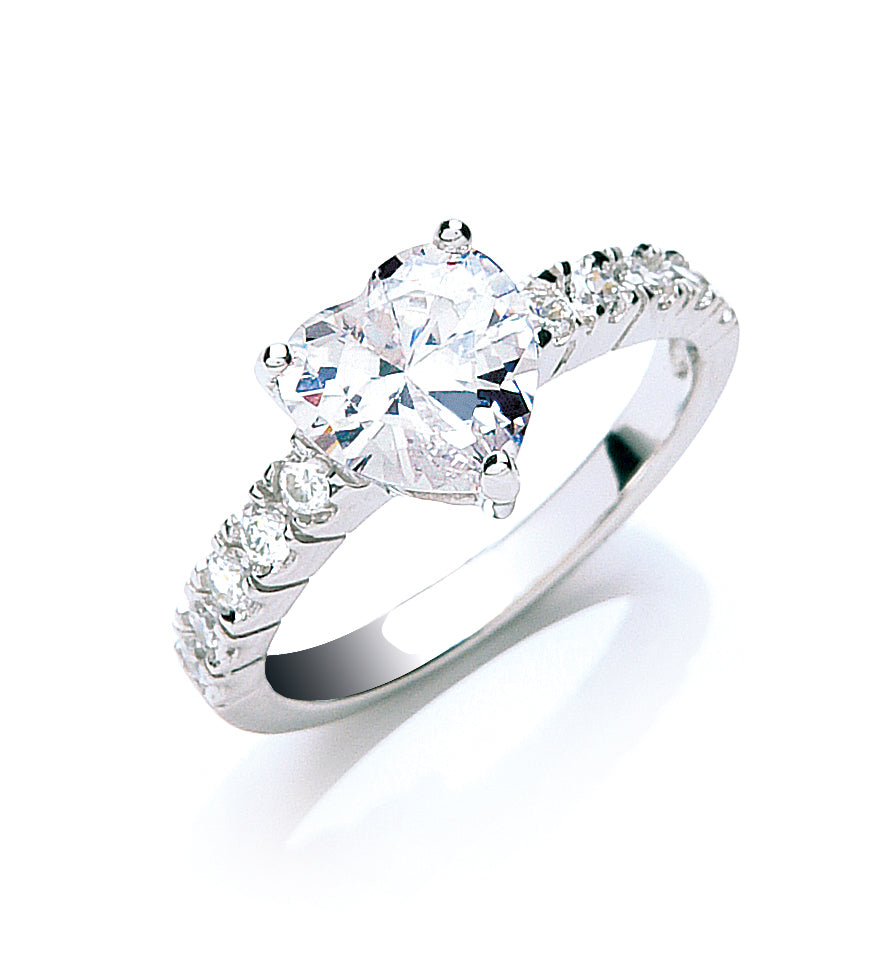 Silver Claw Set Heart Cz Solitaire Ring