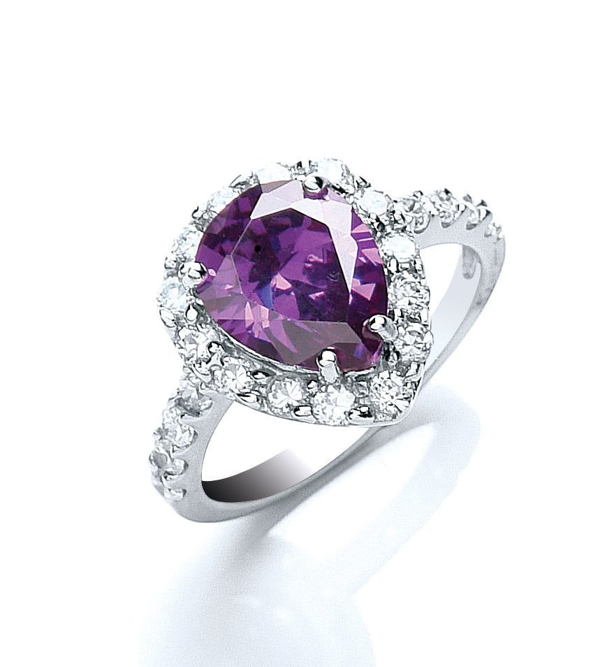 Silver Purple & White Pear Cut Cz Ring