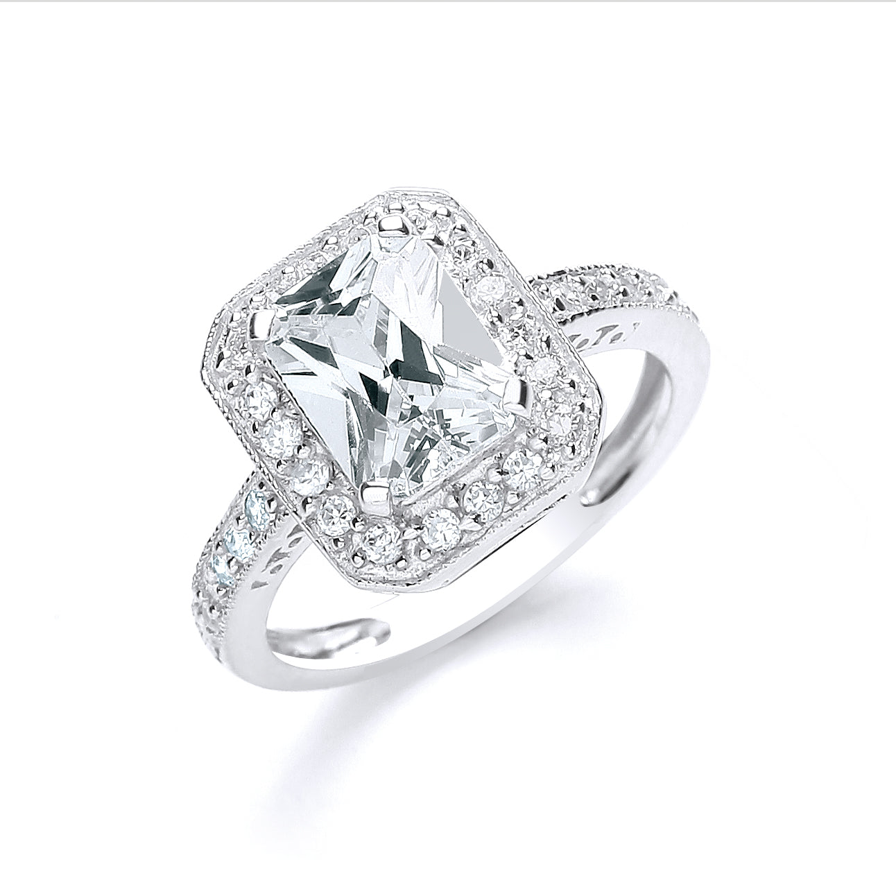 Silver Emerald Cut with Cz Surrounding & Shoulders Ring