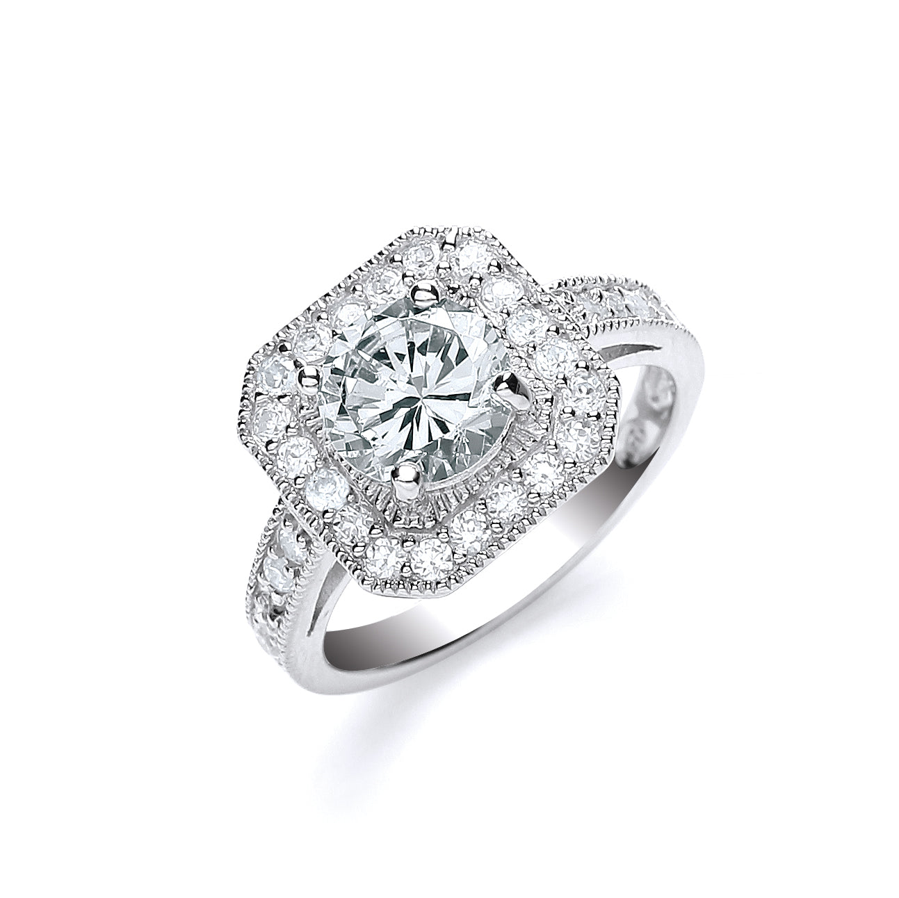 Silver Round Cut with Cz Surrounding & Shoulders Ring