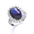 Silver Blue Oval S/S Cz with Cz Surrounding/Shld Ring