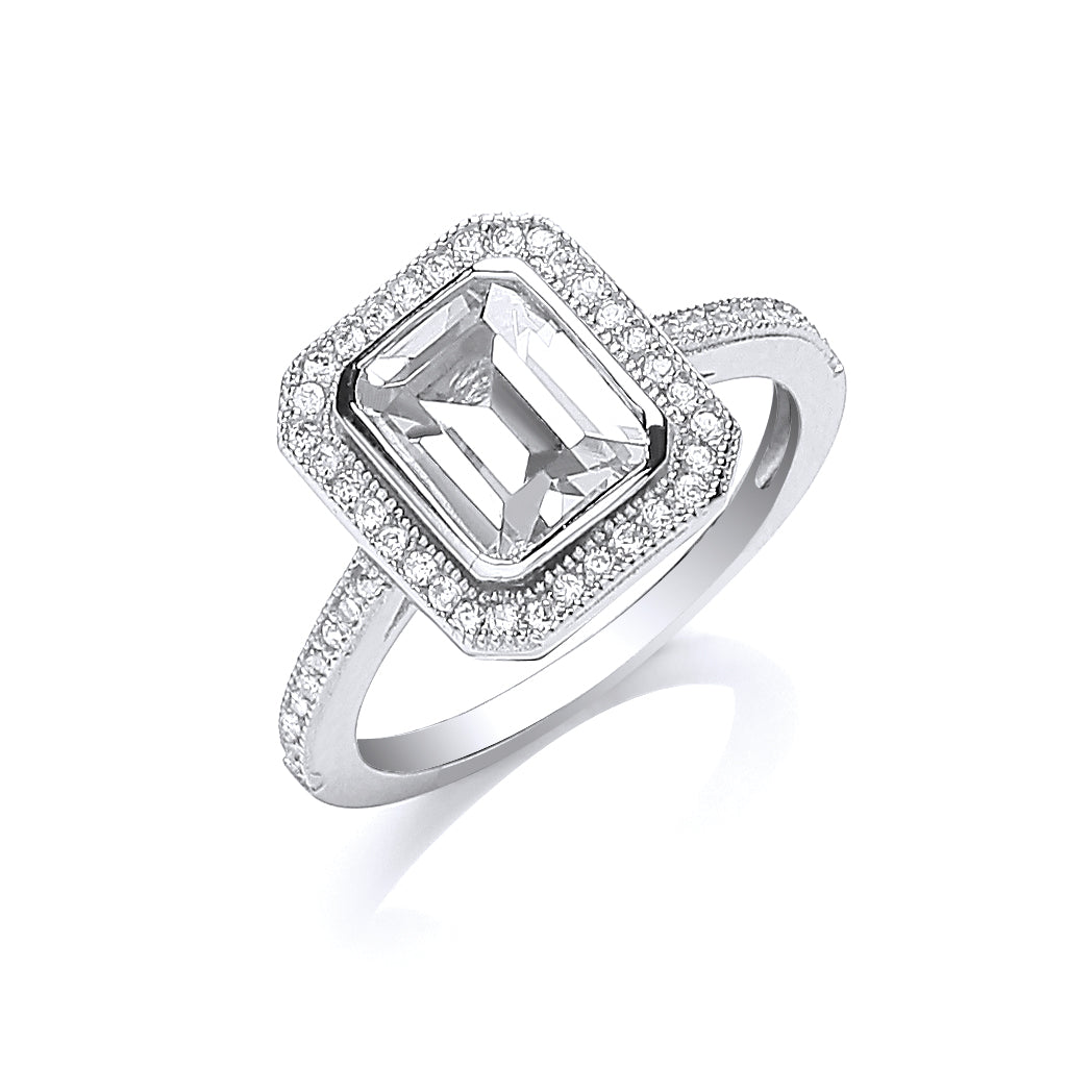 Silver Emerald Cut Cz Centre Ring