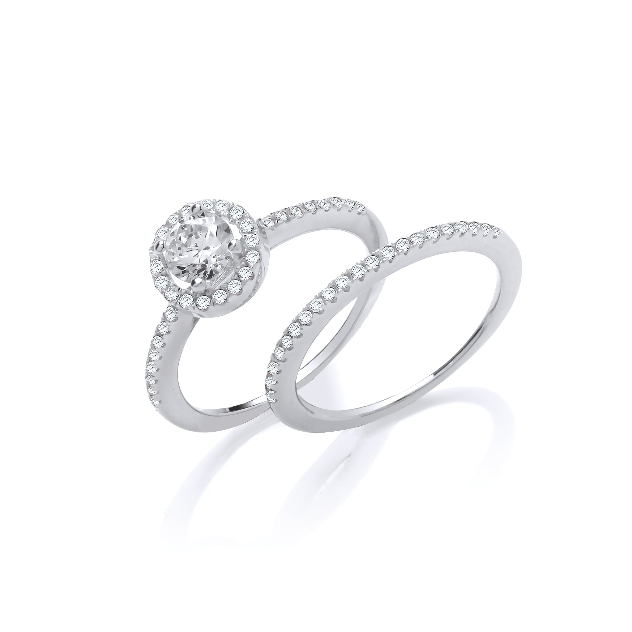 Silver Bridal Set Halo Solitaire with Half ET Cz