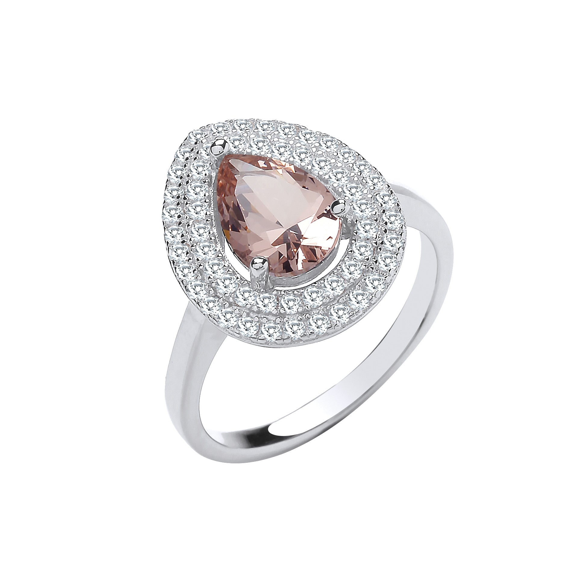 Silver Double Cz Pear Halo & Synthetic Morganite Ring