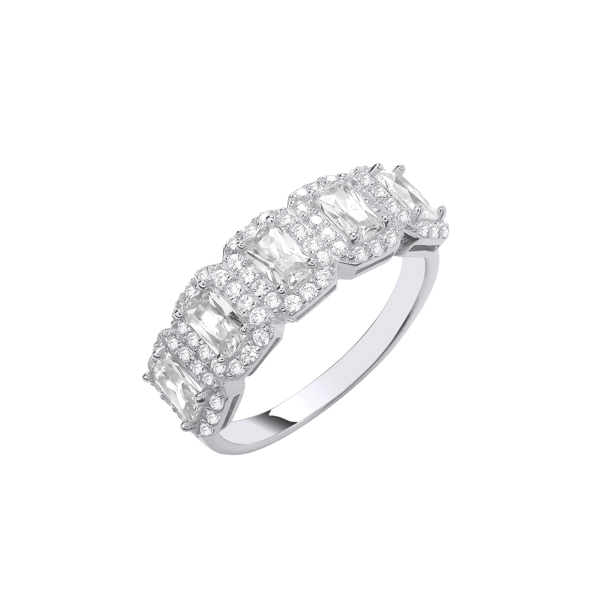 Silver 5 Emerald Cut CZs Halo Ring