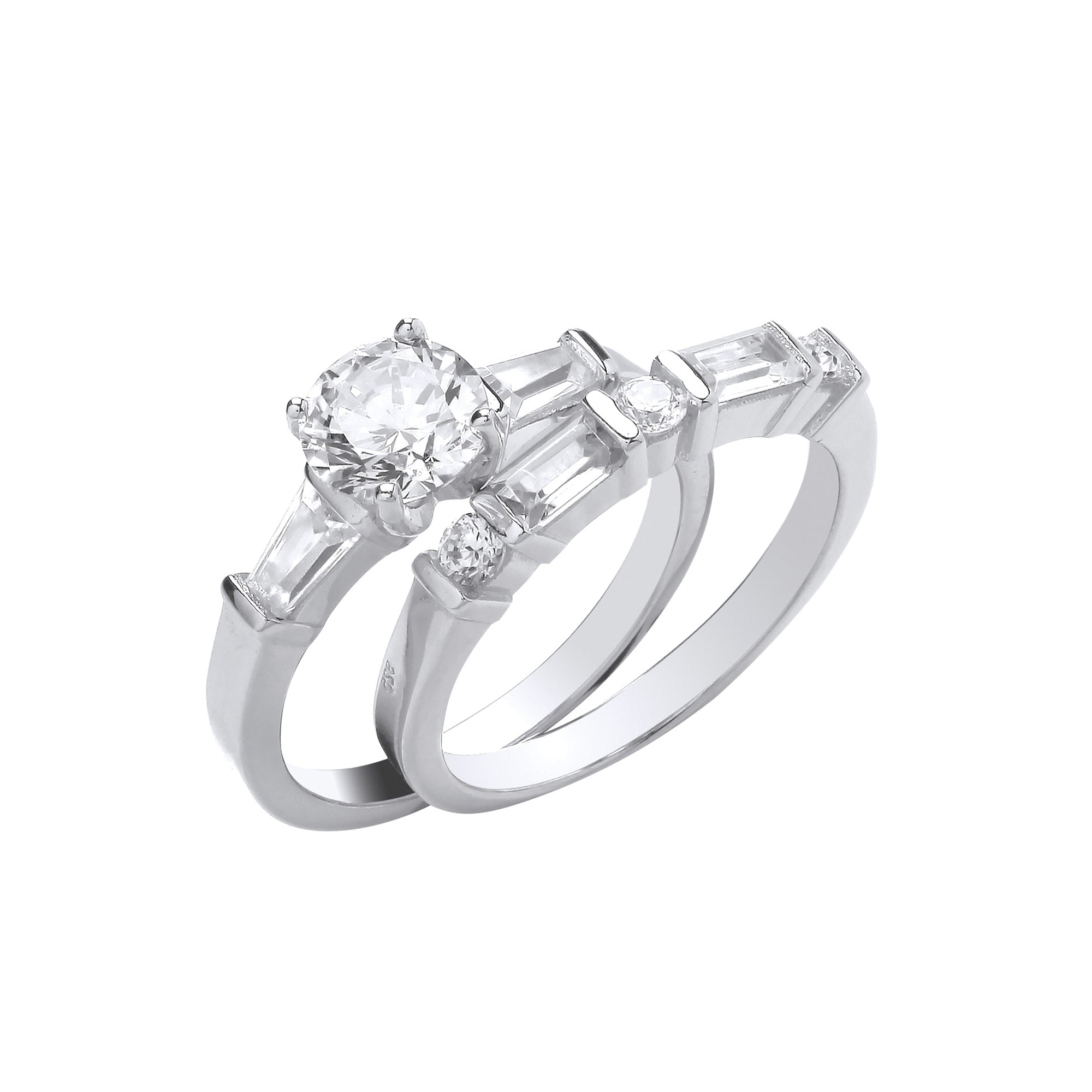 Silver Round and Baguette CZ Bridal Set Rings