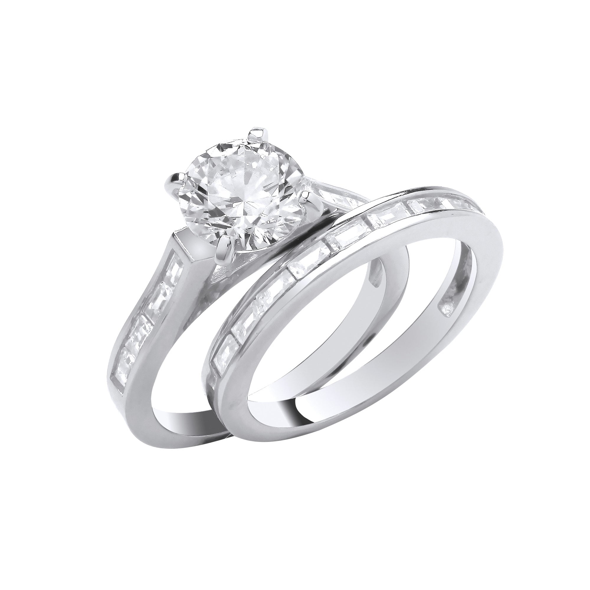 Silver Round & Baguette 8mm Centre CZ Bridal Set Rings