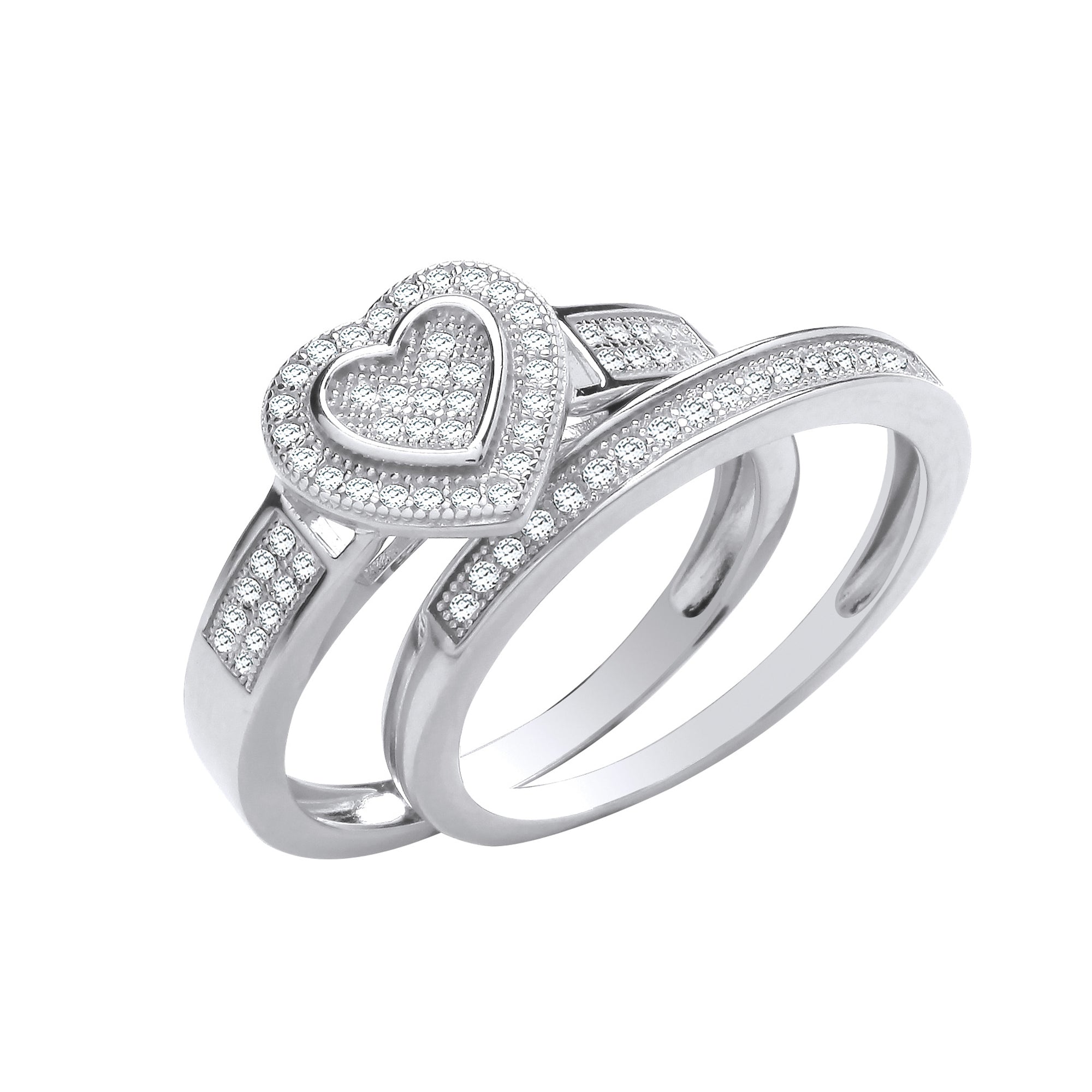 Silver Heart Bridal Set CZ Rings