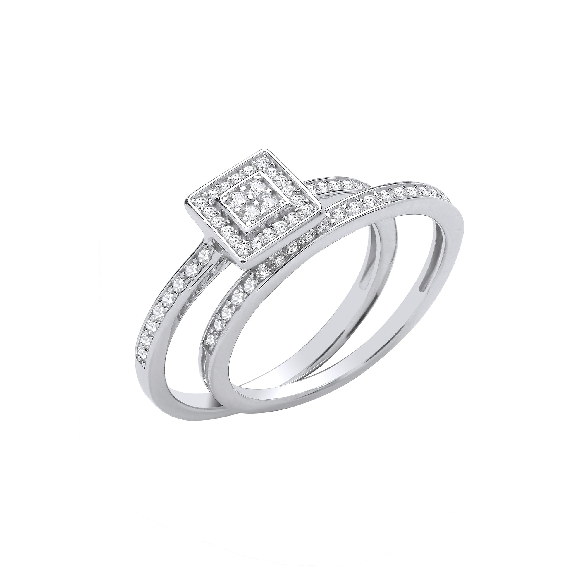 Silver Bridal Set Round CZs Half ET Rings